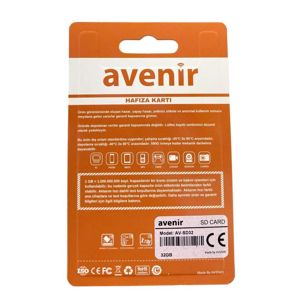 Avenir SD Kart, Model AV-SD32, 32GB. CE, ISO, RoHS.