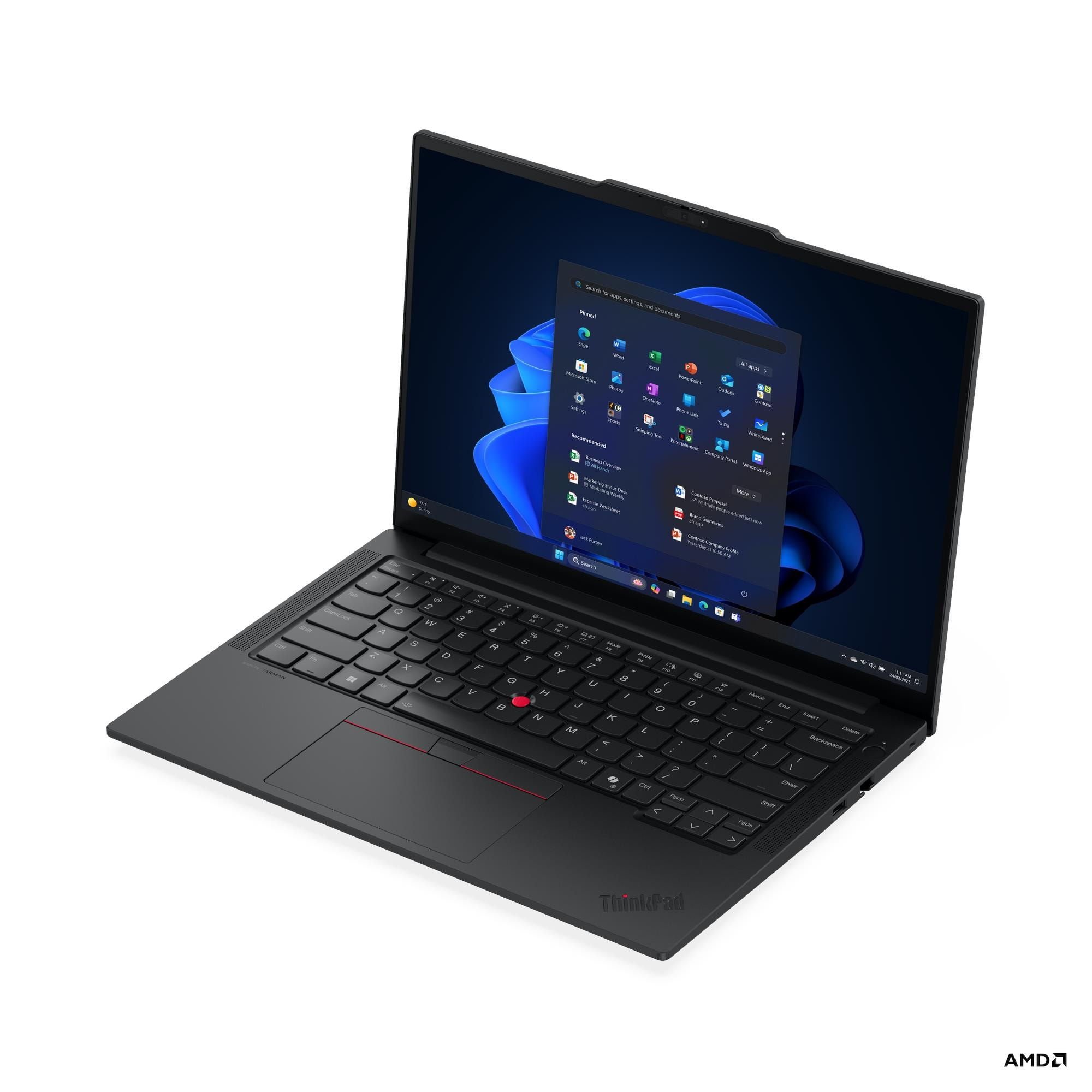 Un laptop nero Lenovo ThinkPad è aperto, mostra il menu Start di Windows 11 sul suo schermo.