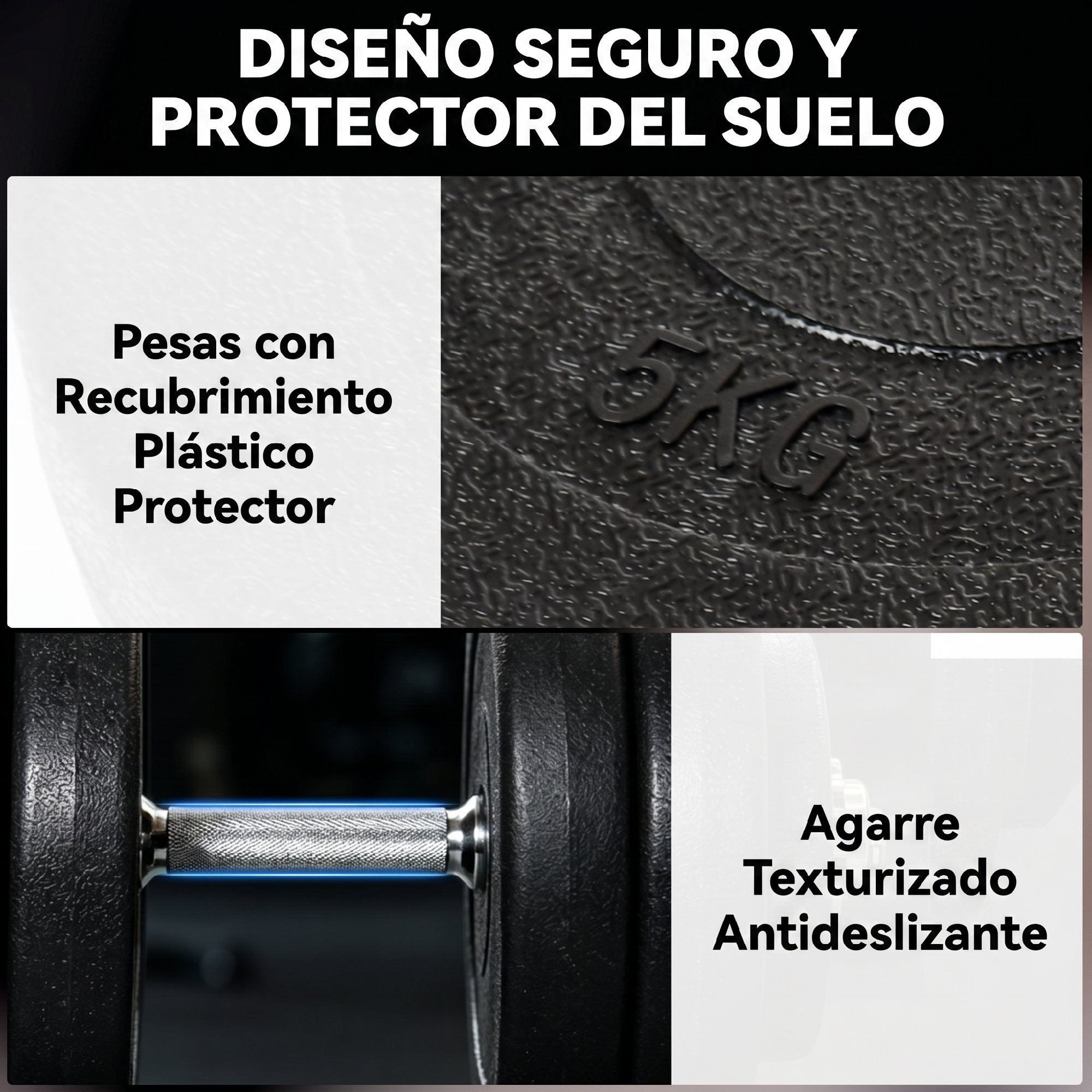 Diseño seguro, protector del suelo. Mancuerna de 5kg con agarre texturizado.
