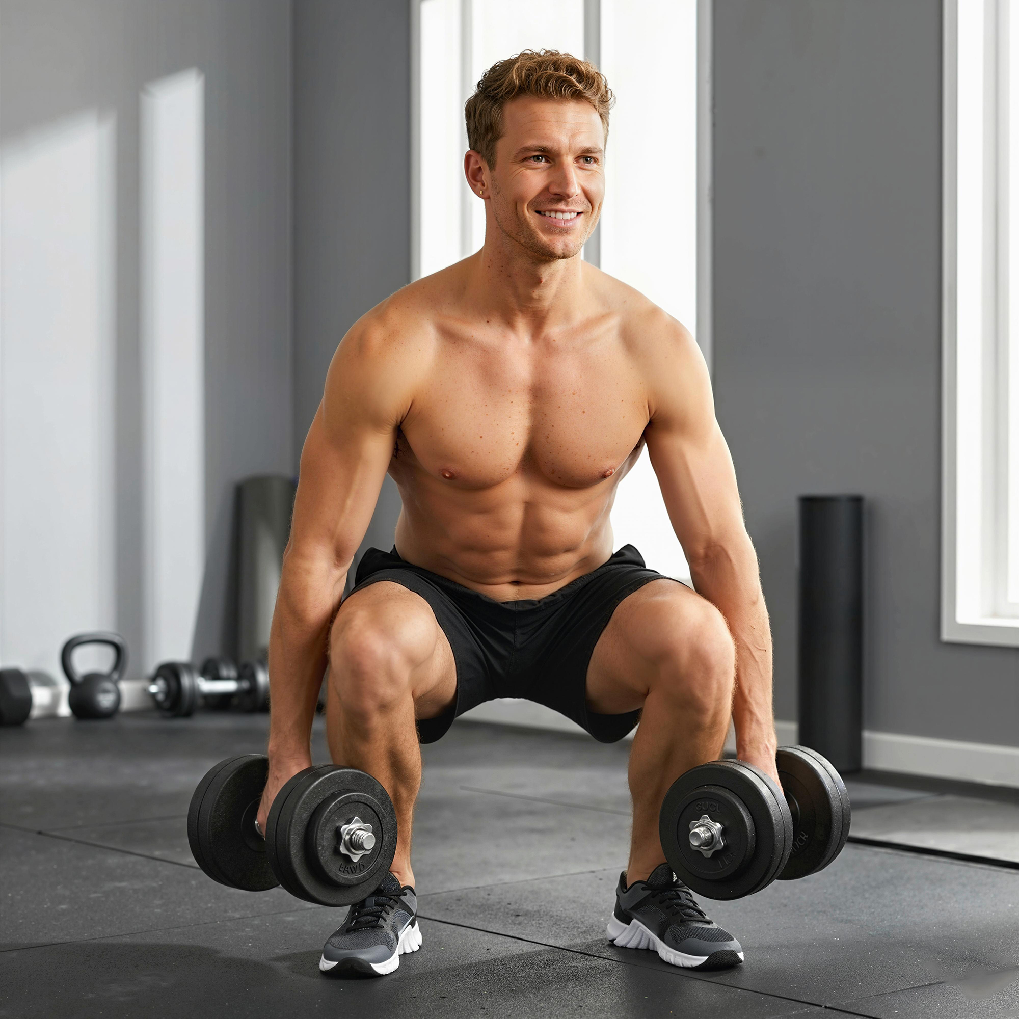 Un hombre con mancuernas en un gimnasio, en cuclillas.