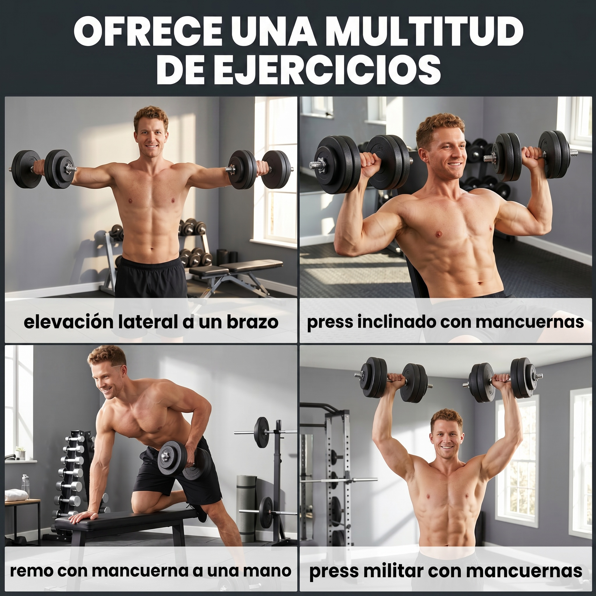 Hombre realiza cuatro ejercicios con mancuernas: elevación lateral, press inclinado, remo, press militar.