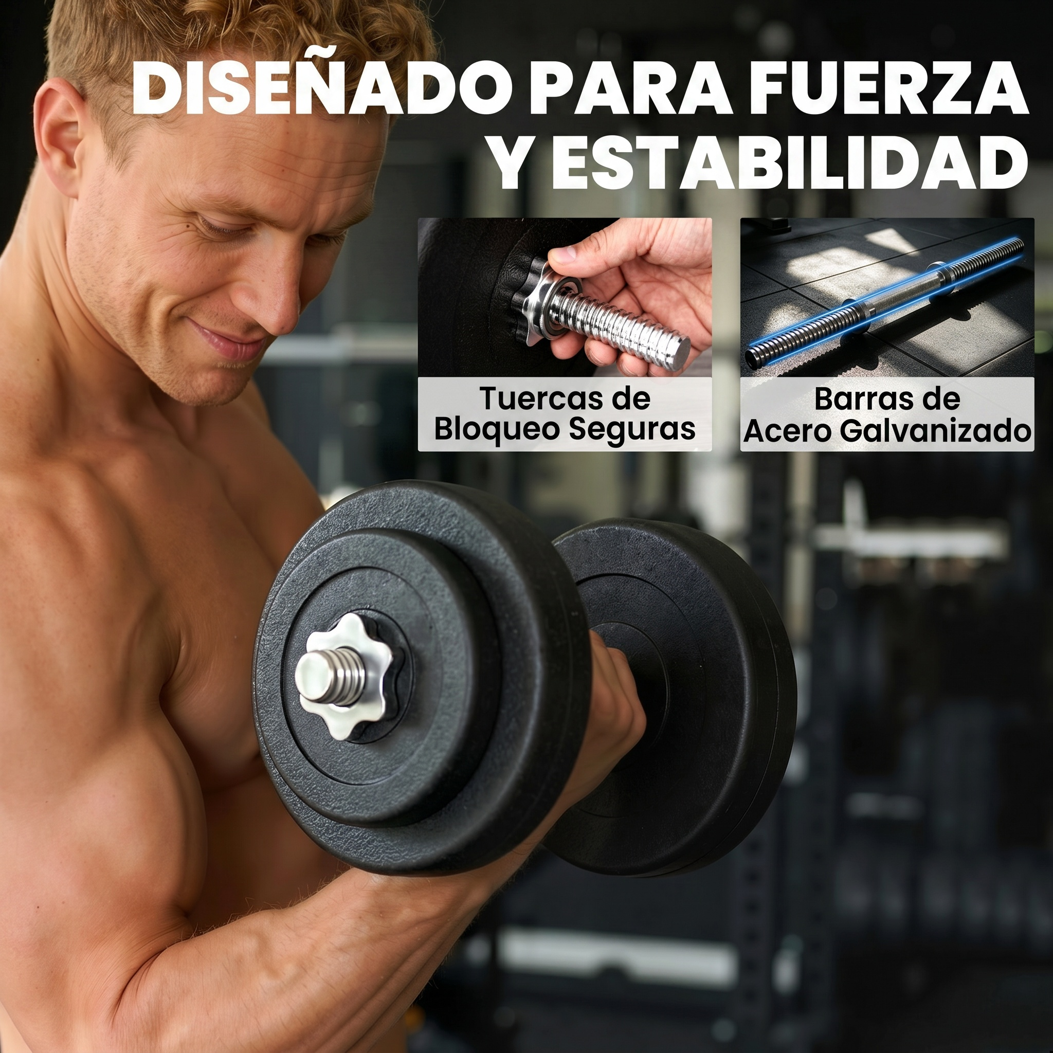 Un hombre se ejercita con una pesa diseñada para fuerza y estabilidad.