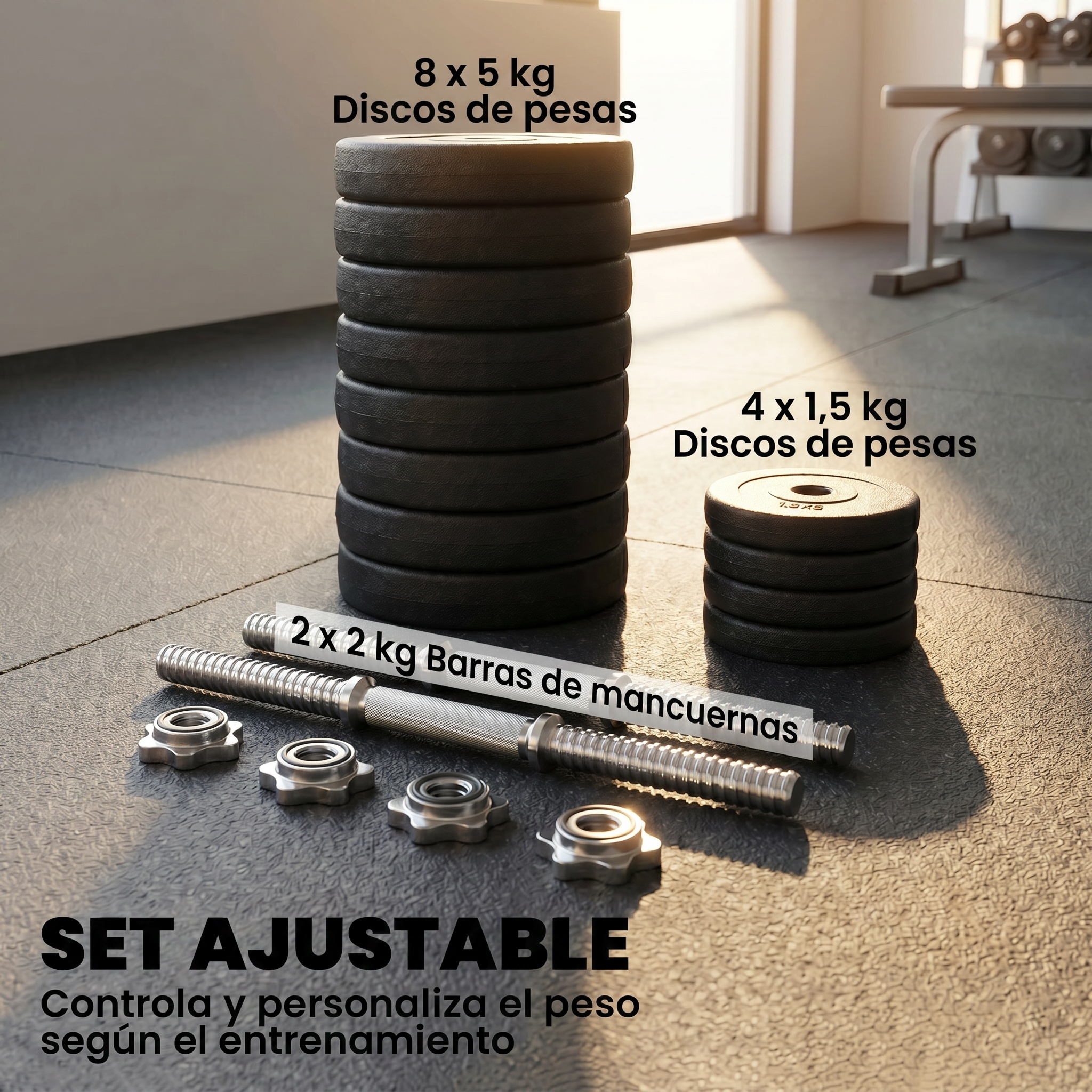 Set de mancuernas con discos y barras en suelo de gimnasio.