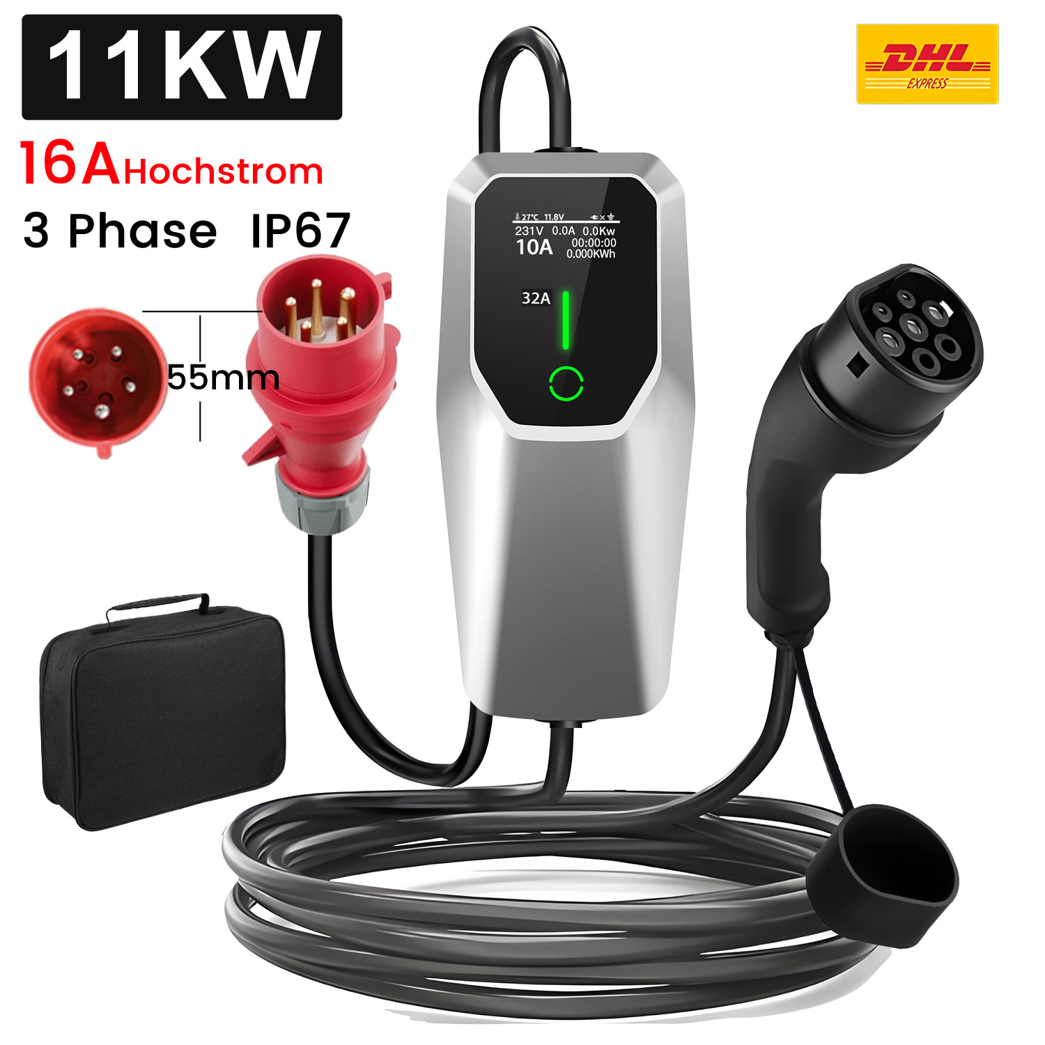 11KW 16A 3-Phasen EV-Ladegerät mit Stecker, Kabel, Tasche und Display.