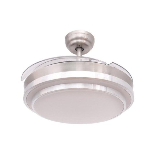 Un ventilador de techo plateado con aspas retráctiles y luz integrada.