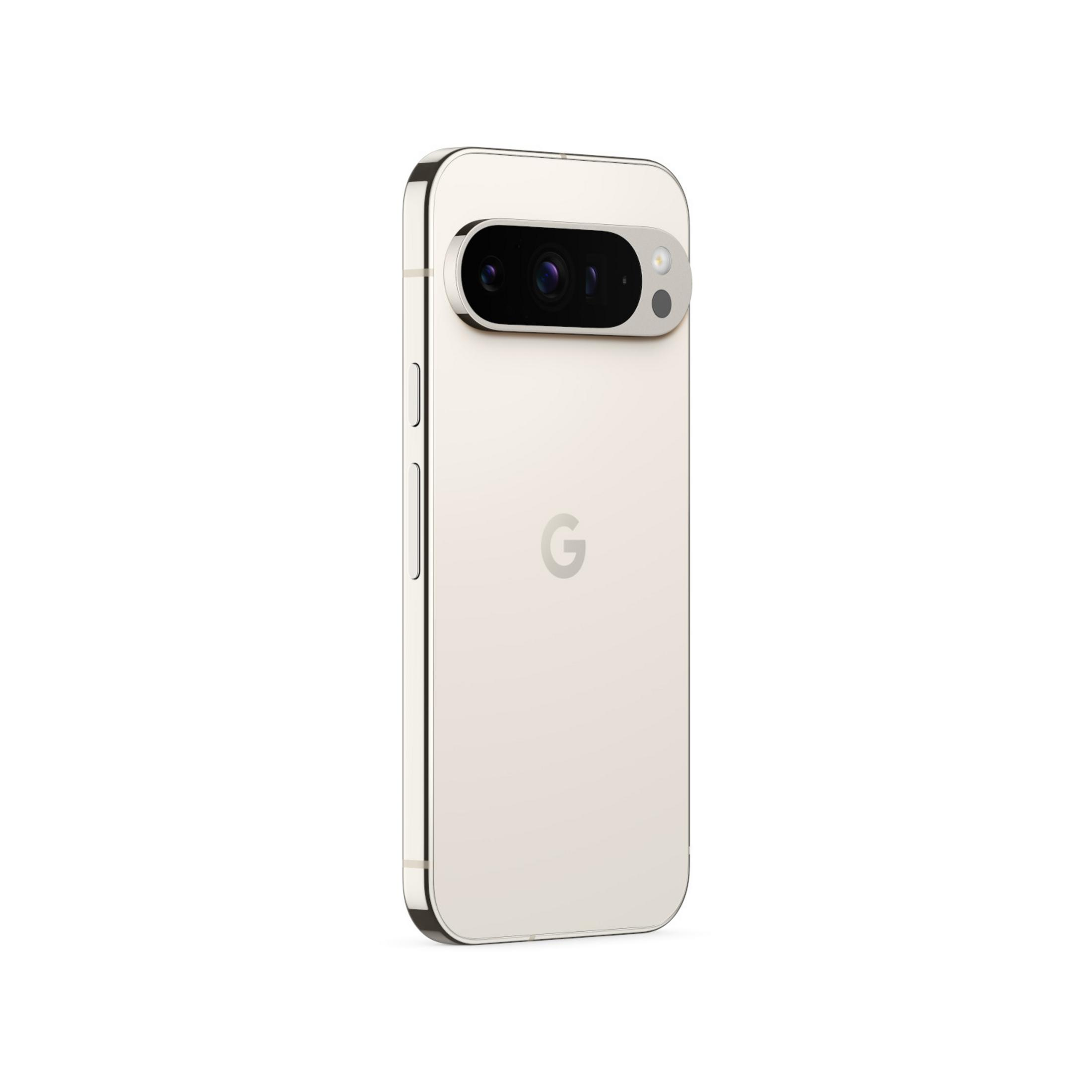 A light-colored smartphone featuring a triple camera system and the Google logo.