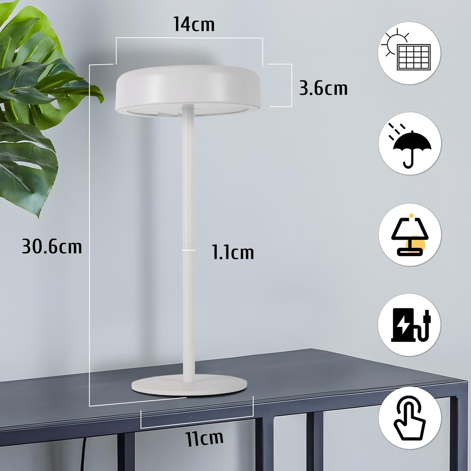 Biała lampa na biurku z wymiarami i ikonami.