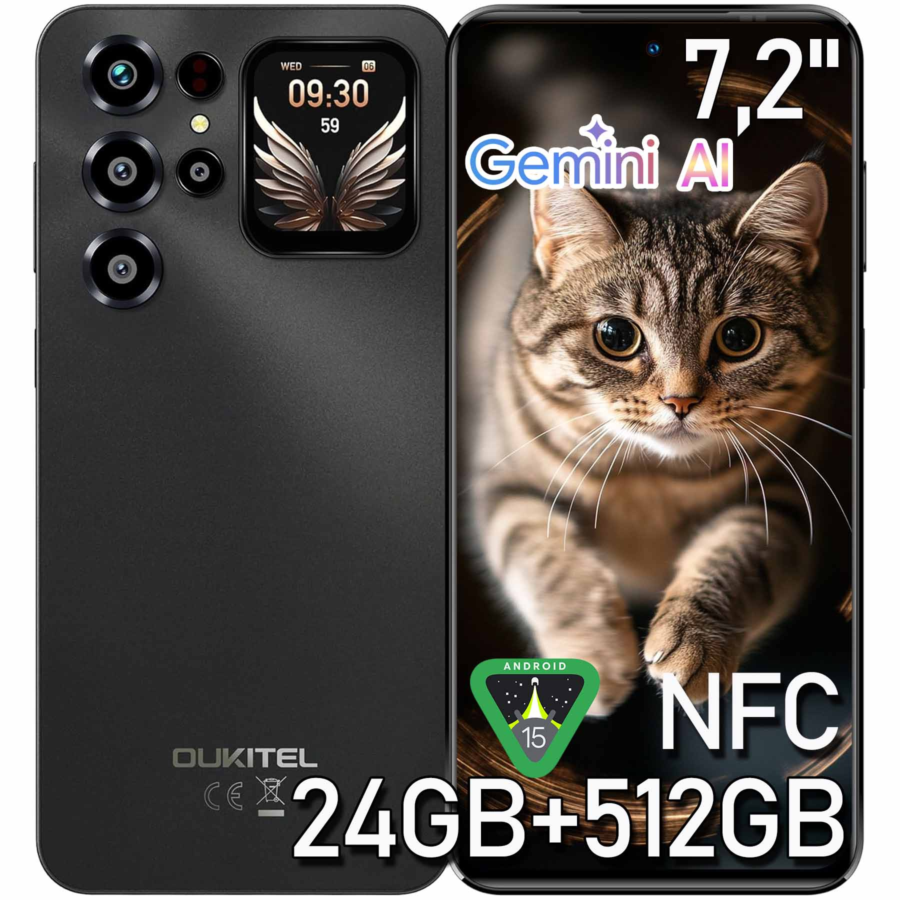 Telefono OUKITEL nero con 4 fotocamere, schermo da 7,2" con gatto, Gemini AI, Android 15, NFC.