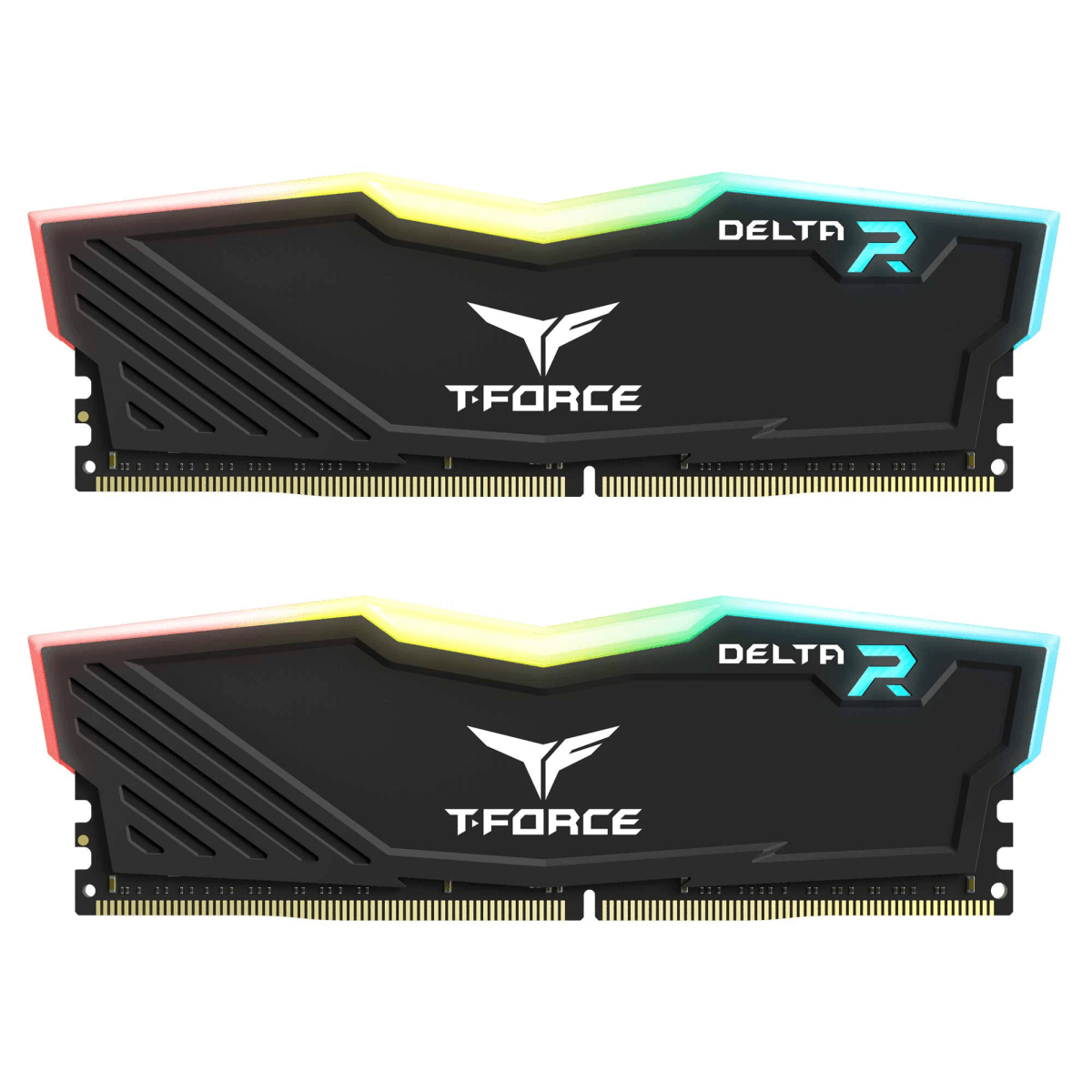 Due moduli RAM T-Force Delta RGB neri con illuminazione LED colorata in alto.
