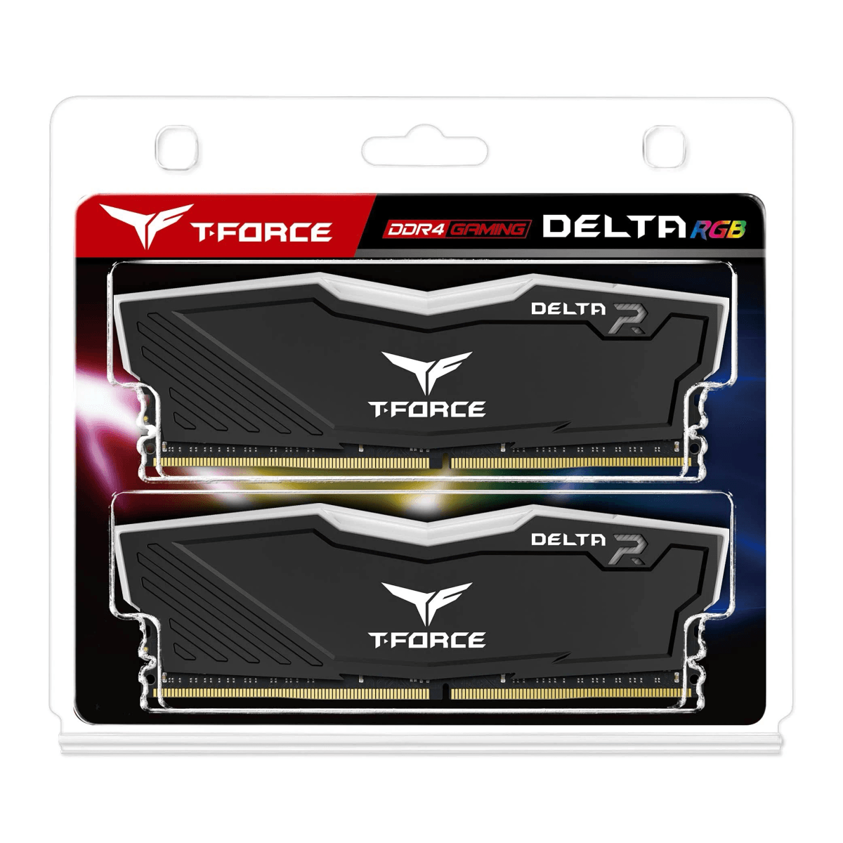 Due moduli RAM T-Force DDR4 Gaming Delta RGB in confezione nera.
