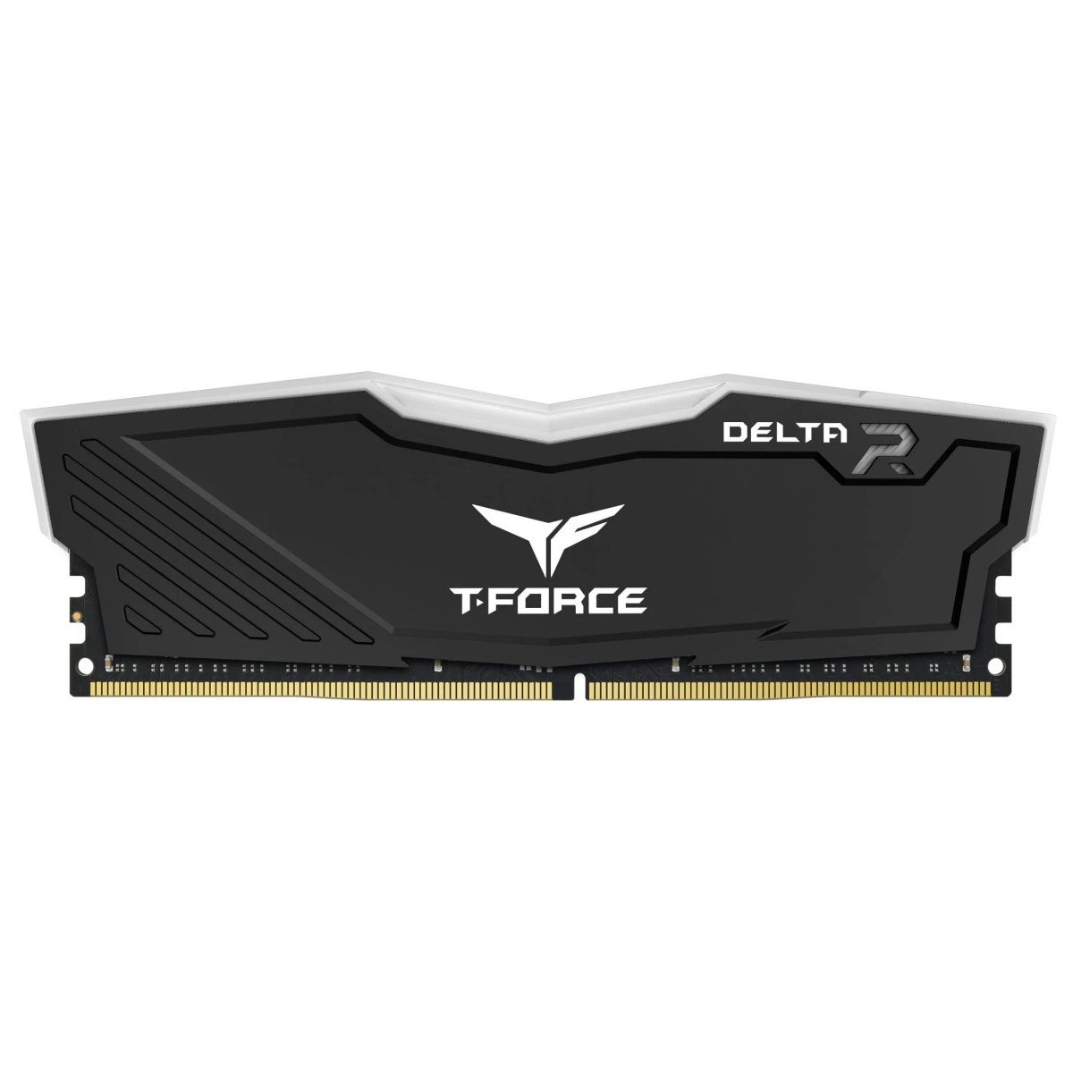 Un modulo RAM T-Force Delta RGB nero con dissipatore bianco e accenti argentati.