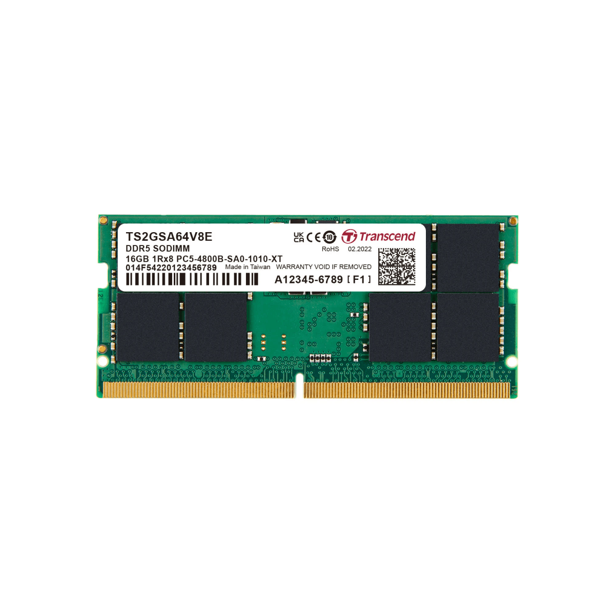 Un modulo RAM DDR5 SODIMM verde con chip neri e contatti dorati.