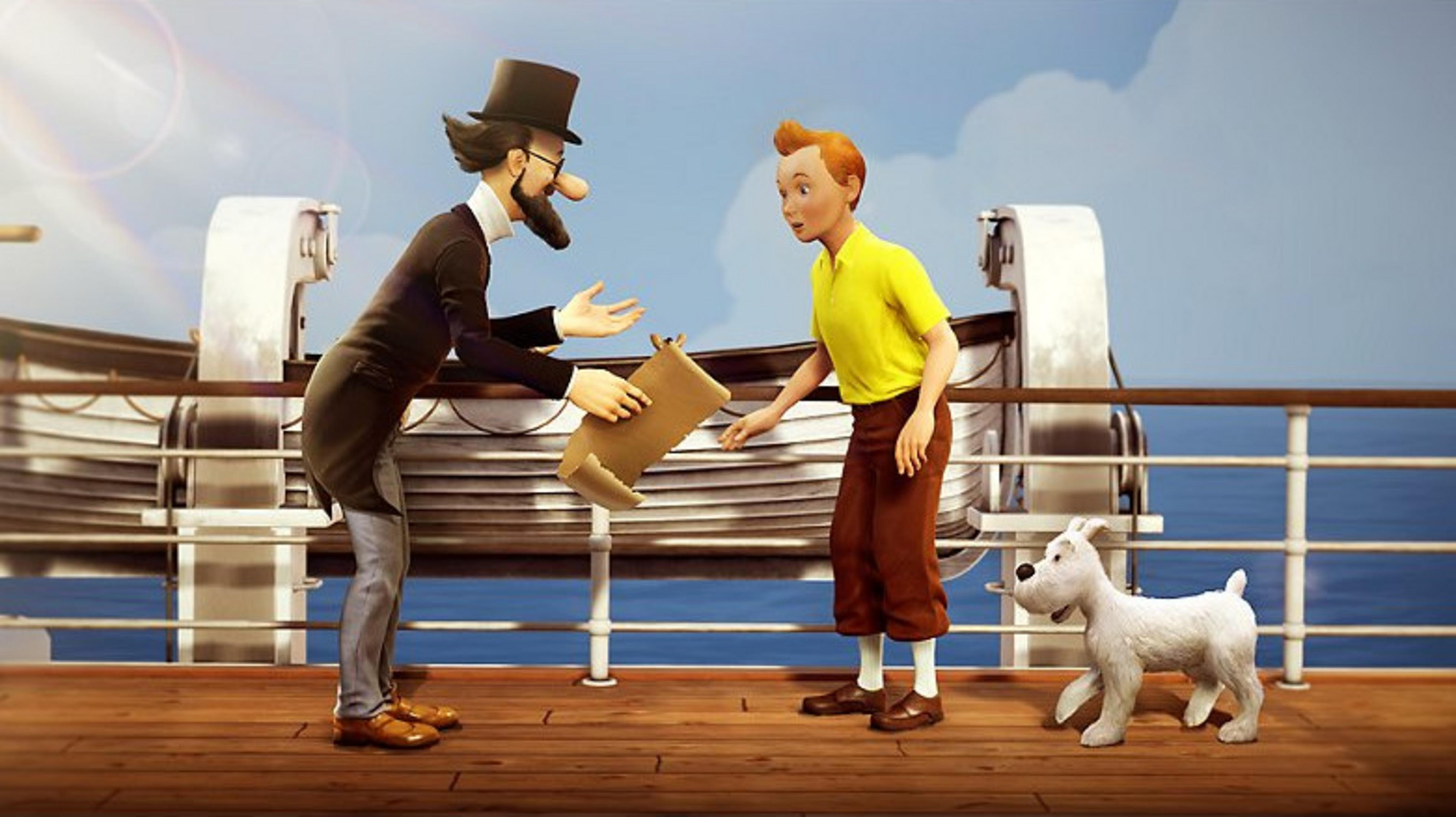 Un uomo con cilindro e barba porge una pergamena a Tintin sul ponte di una nave.