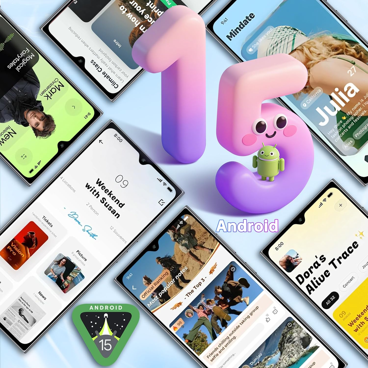 Pantallas de teléfono con Android 15 y vistas previas de aplicaciones, números gigantes 1 y 5.
