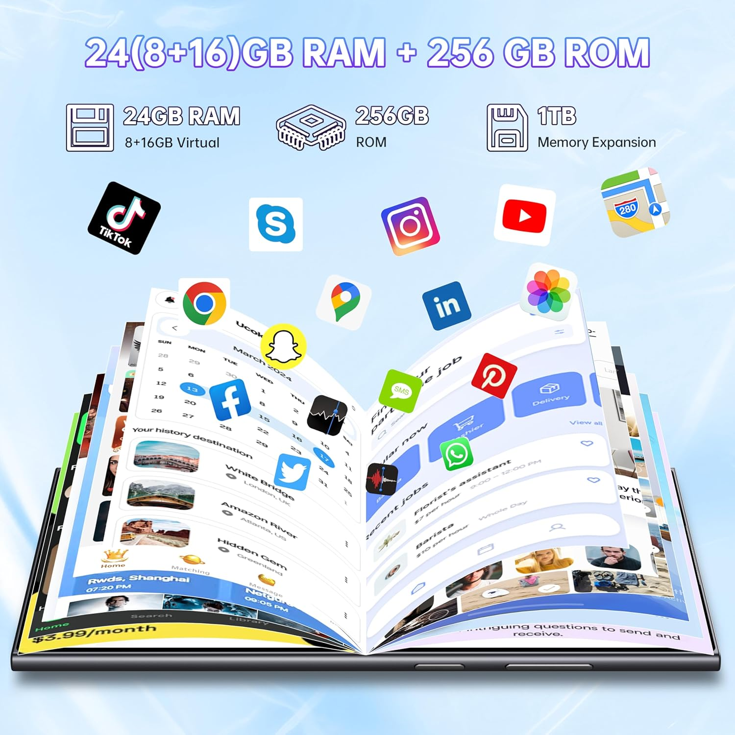 Especificaciones del teléfono: 24 GB RAM, 256 GB ROM, expansión de 1 TB. Aplicaciones mostradas: TikTok, Skype, Instagram, YouTube, Google Maps, LinkedIn, Fotos, Facebook, Twitter, Snapchat.
