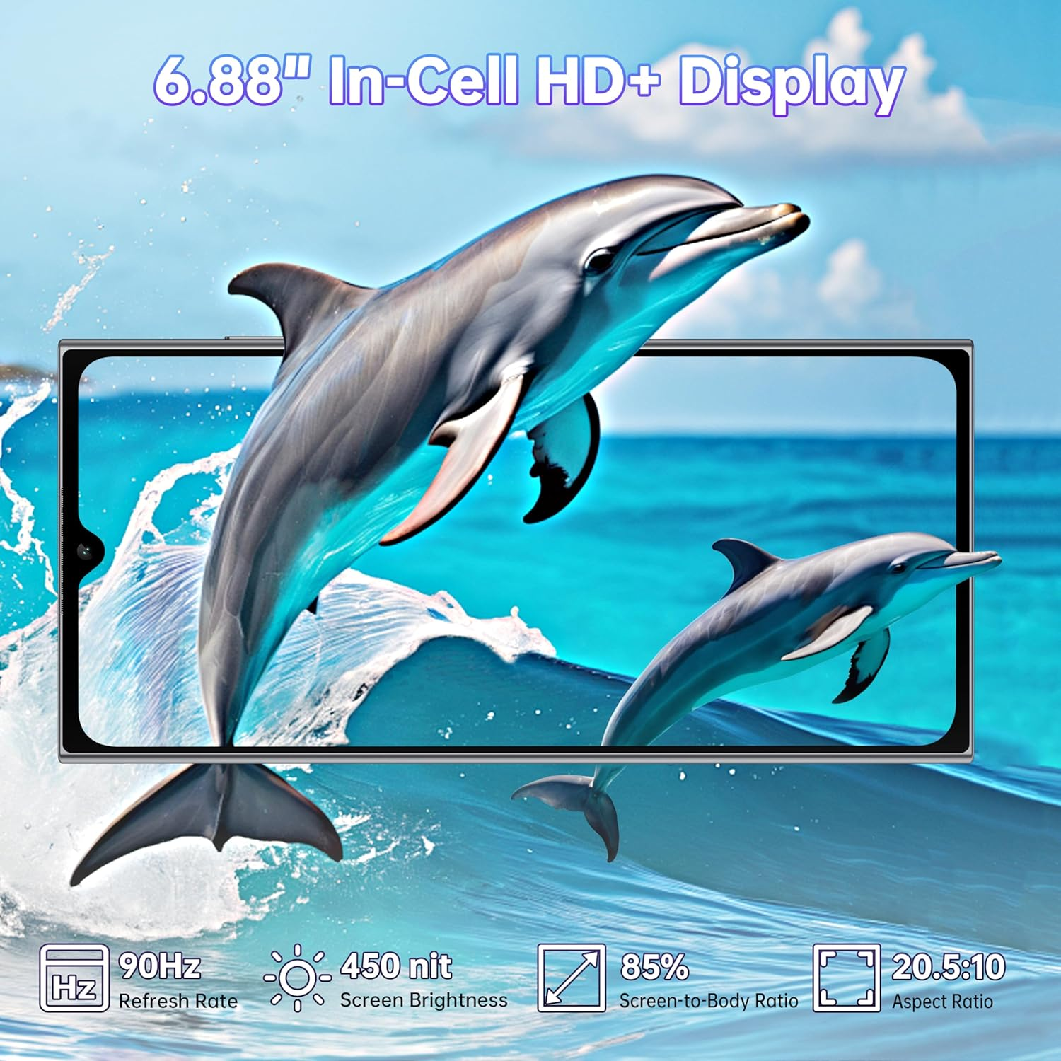 Una pantalla de smartphone con delfines, que muestra 6,88 pulgadas HD+ y 90Hz.