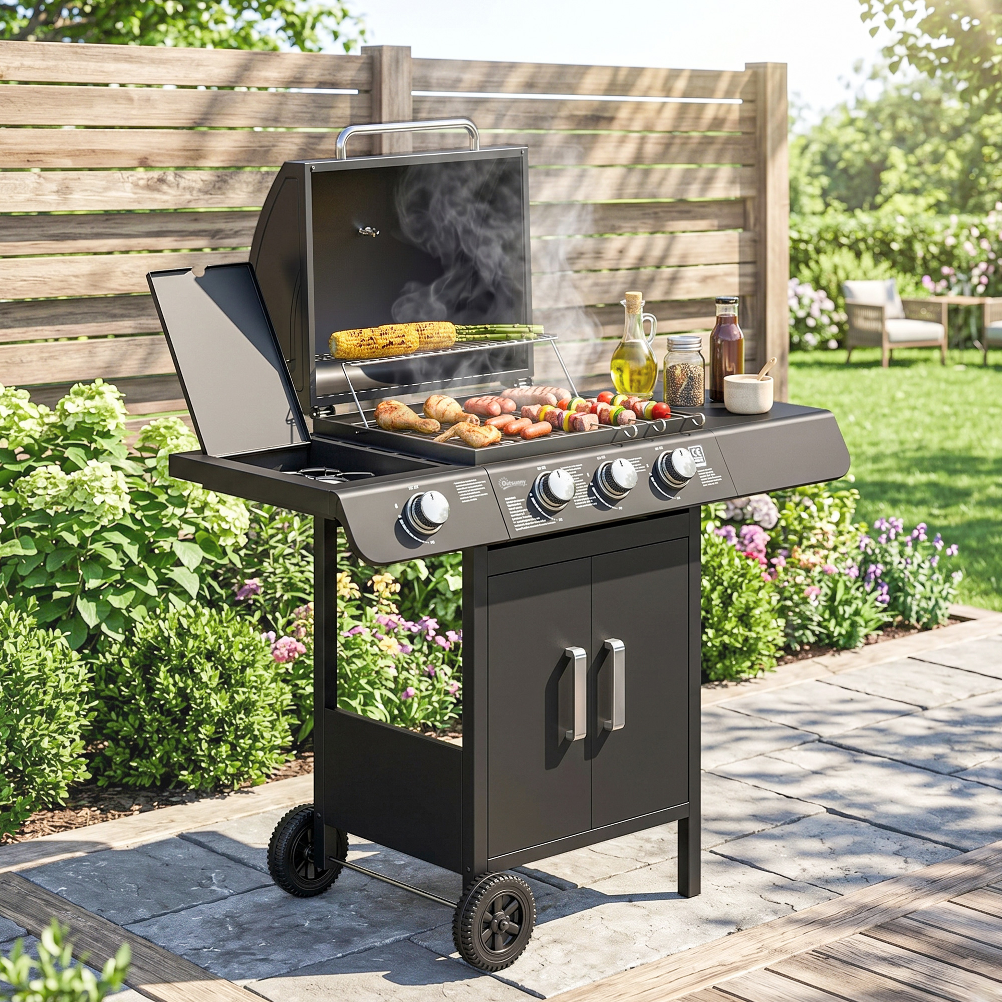 Una parrilla con comida encima y un jardín al fondo.