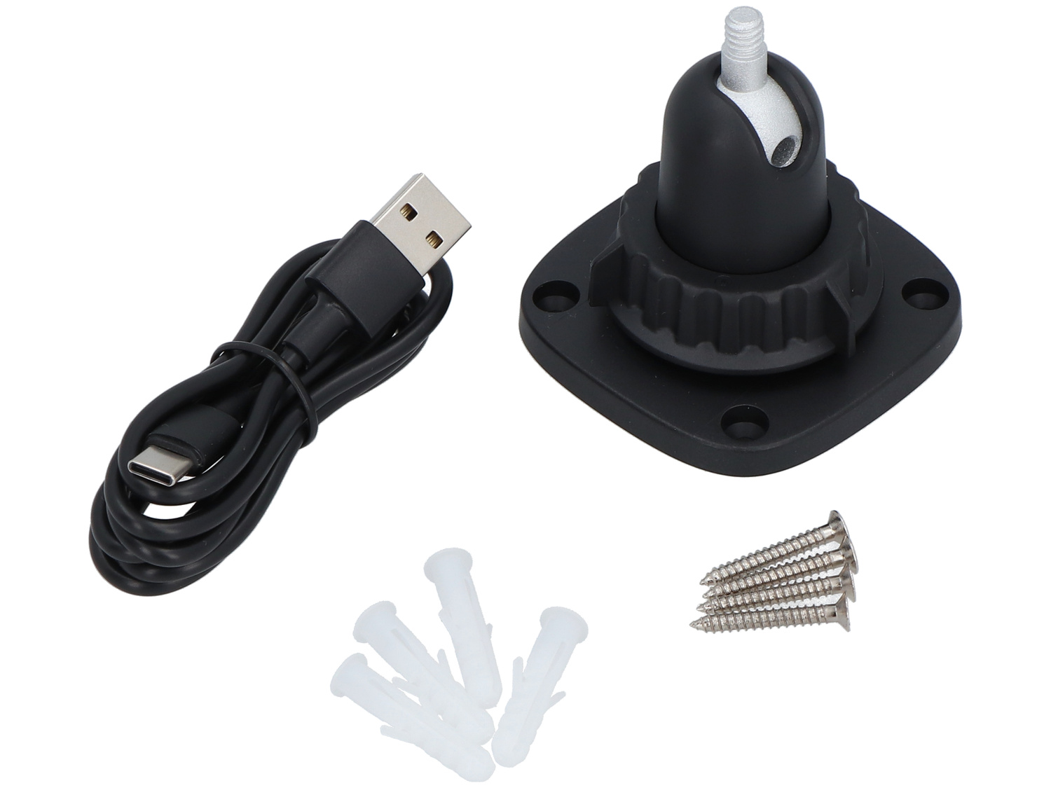 Czarny kabel USB-C, czarny uchwyt z przegubem kulowym, śruby i kołki.