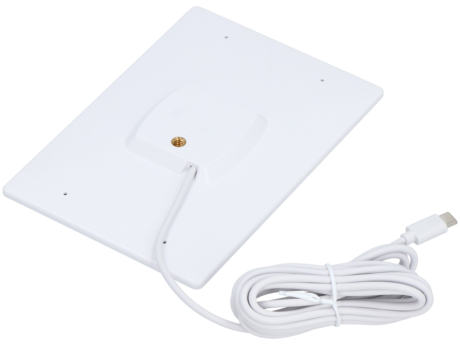 Biały tył urządzenia z kablem USB-C i mocowaniem statywu.