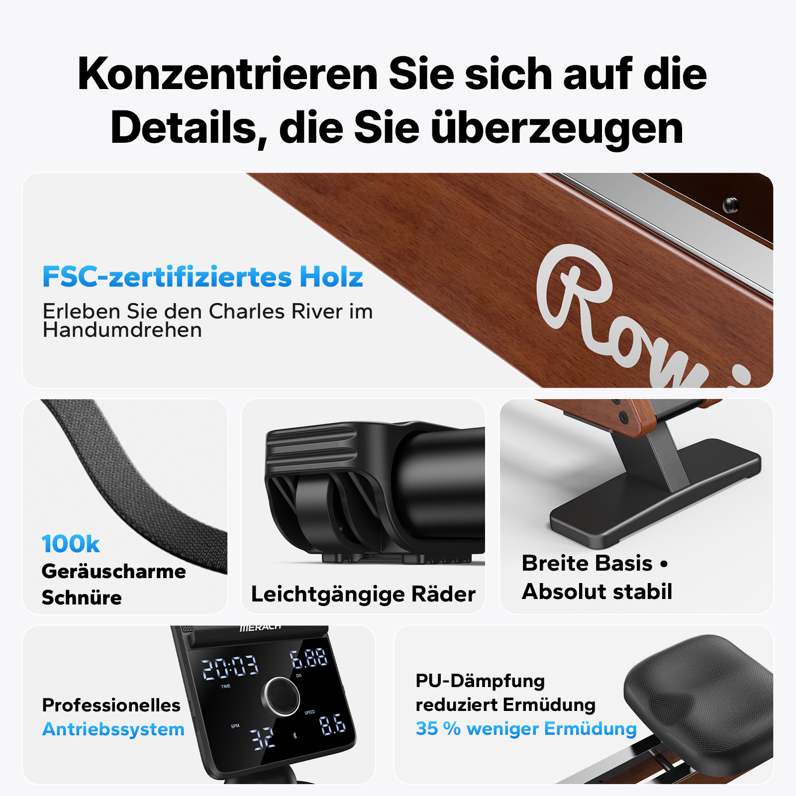 Rowing-Maschine mit Holzdetails, leisen Schnüren, Rädern, breiter Basis und Display.