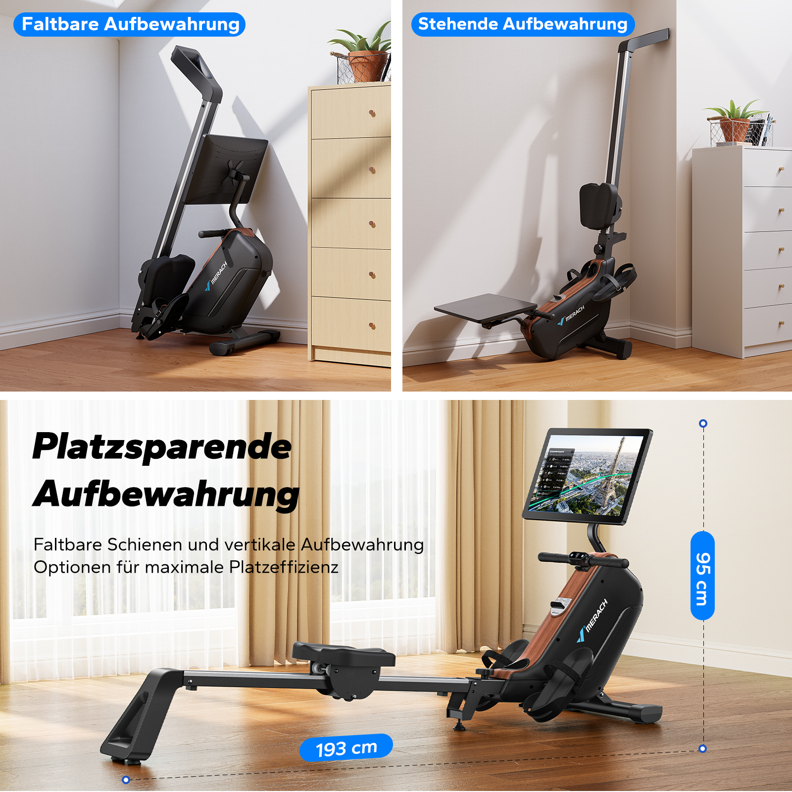 Rudergerät in zusammengeklappter und aufrechter Aufbewahrung, mit Maßen.
