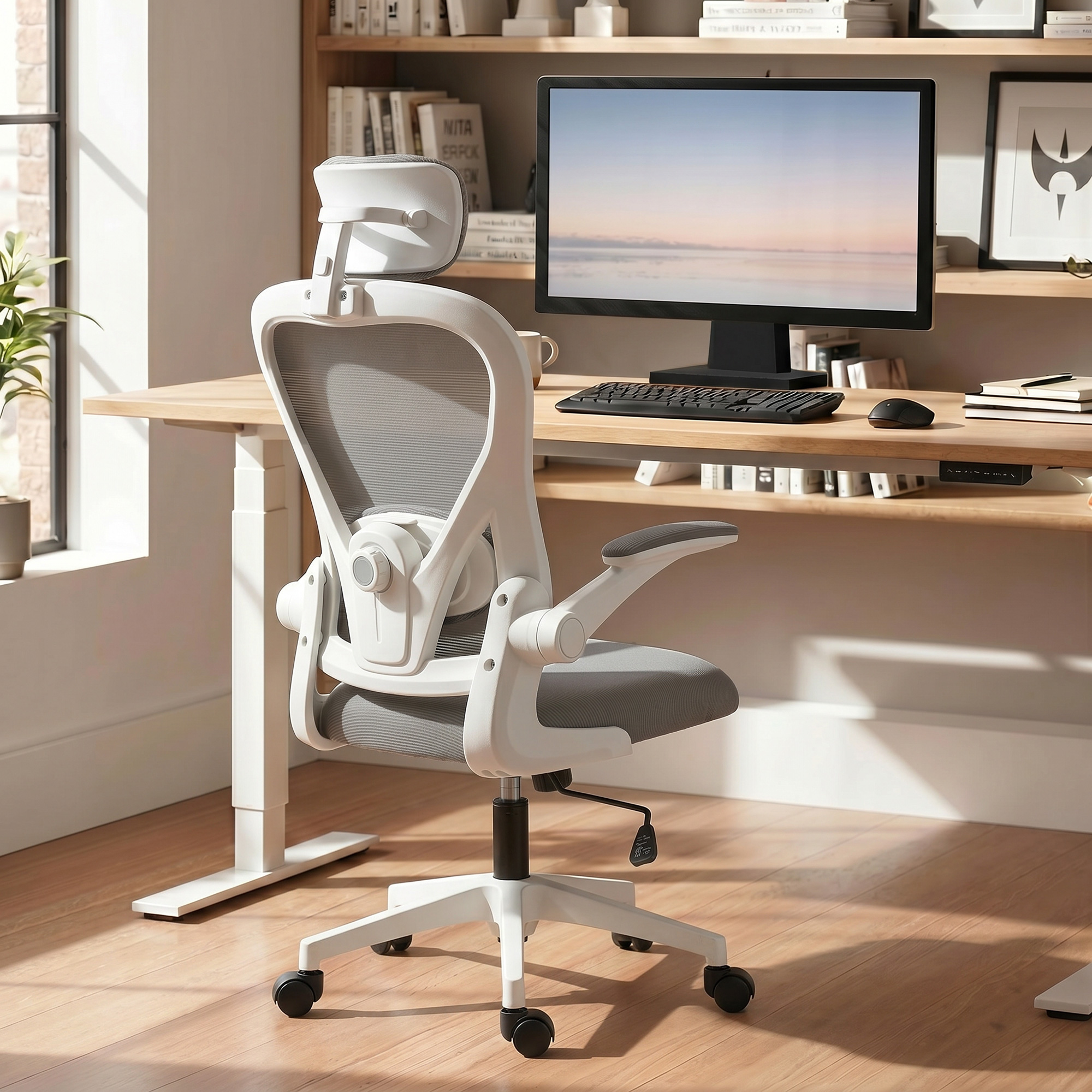 Una silla ergonómica blanca delante de un escritorio con ordenador y libros.