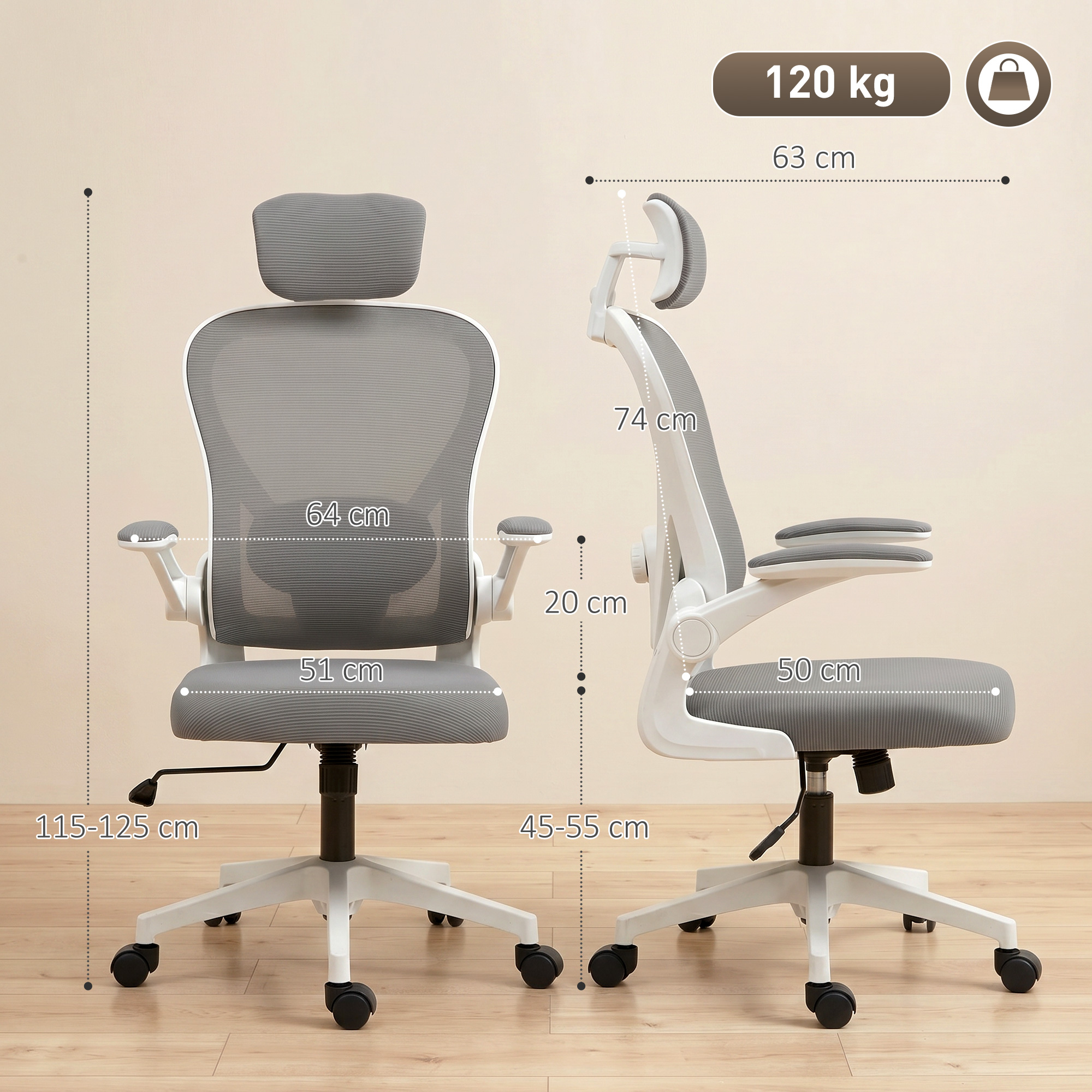 Silla de oficina gris con dimensiones e indicador de 120 kg.