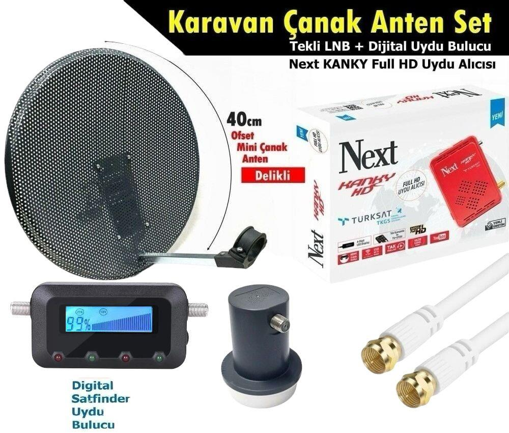 40cm çanak, uydu bulucu, LNB ve alıcı içeren uydu seti.