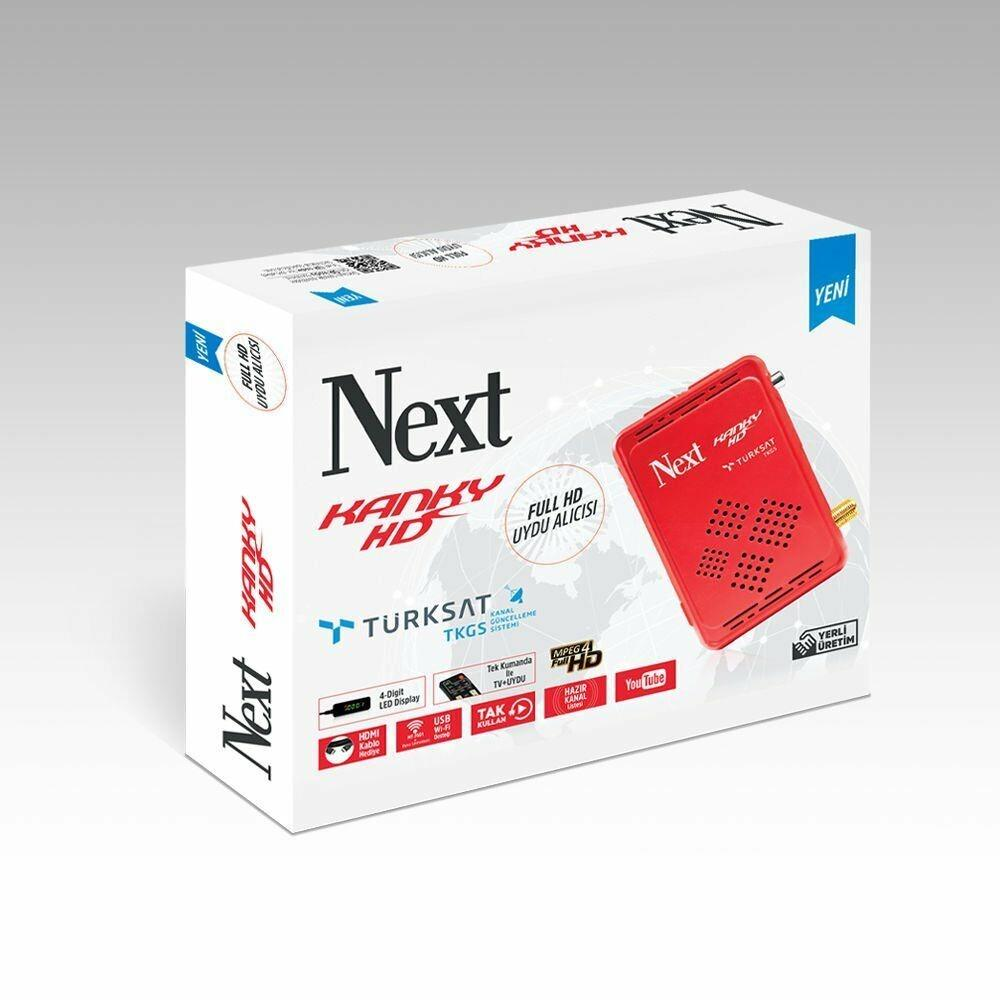 Türkçe etiketli kırmızı Next Full HD uydu alıcısı ambalajı.