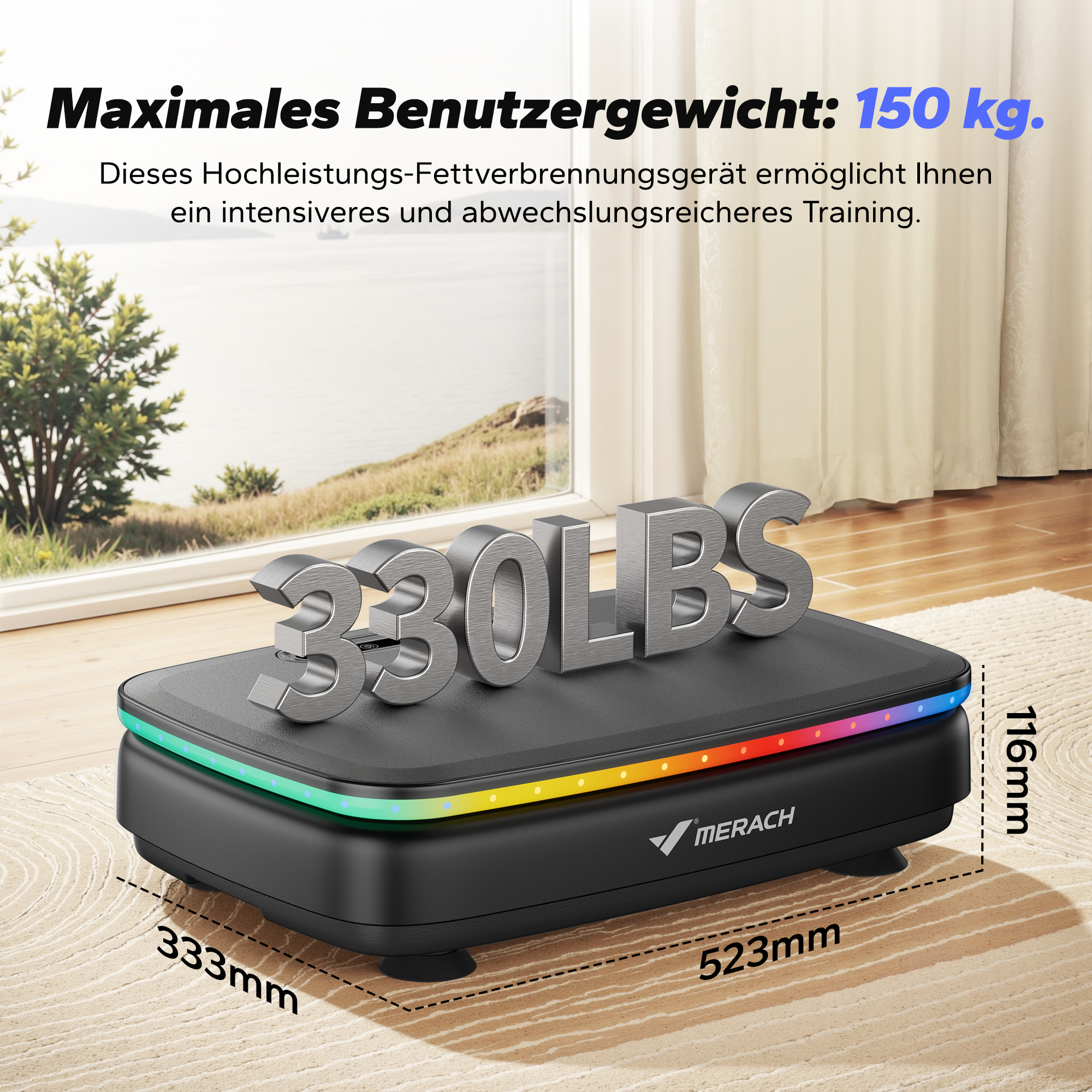 Schwarzes Vibrationsgerät mit 330 LBS und RGB-Beleuchtung. Maße: 523x333x116mm.