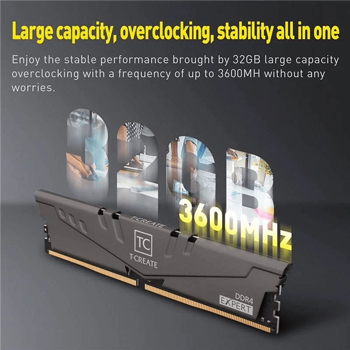 Een donkere DDR4 RAM-module met 32 GB en 3600 MHz snelheid.
