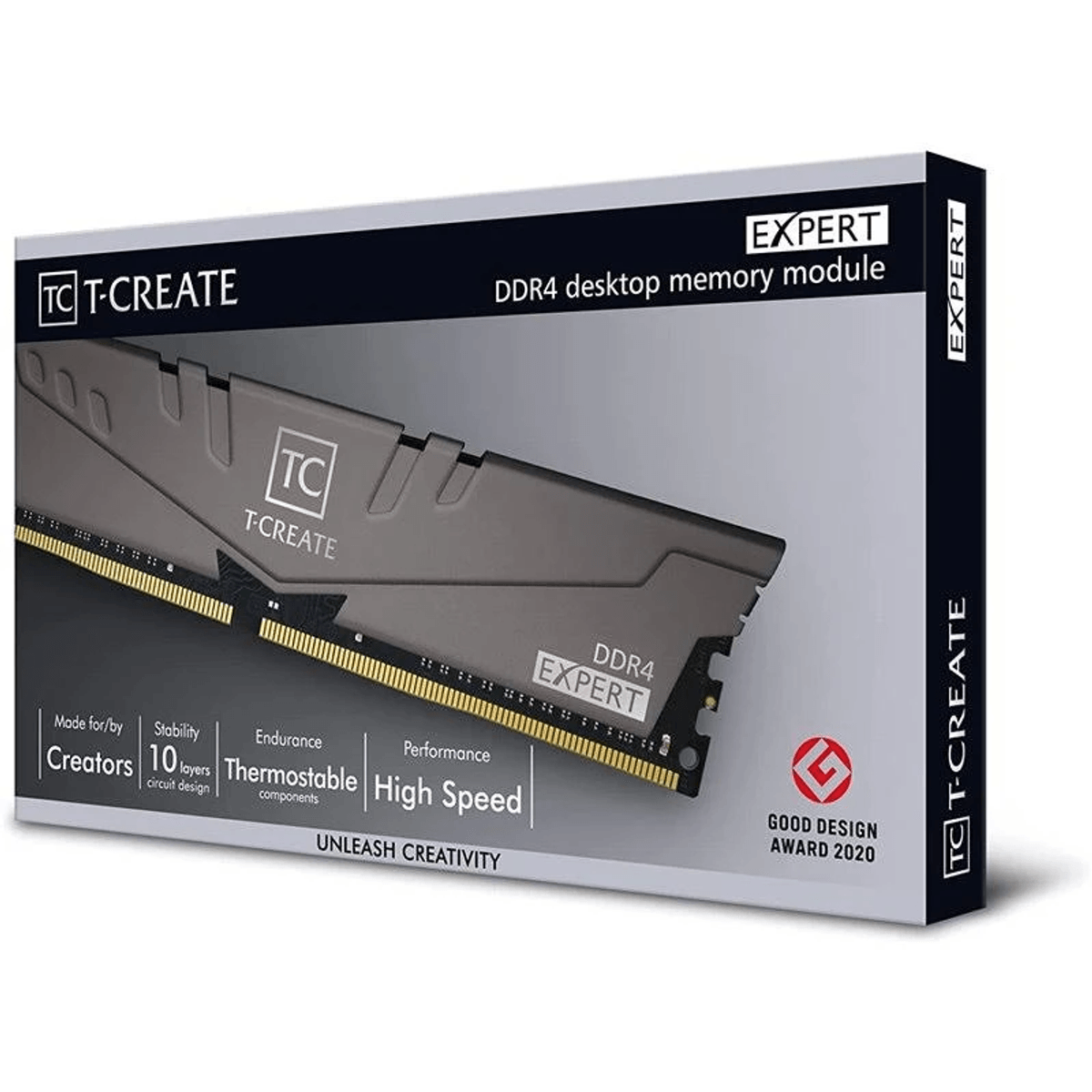 T-CREATE Expert DDR4 desktop geheugenmodule doos met RAM-stick erin. Kenmerken zijn hoge snelheid.
