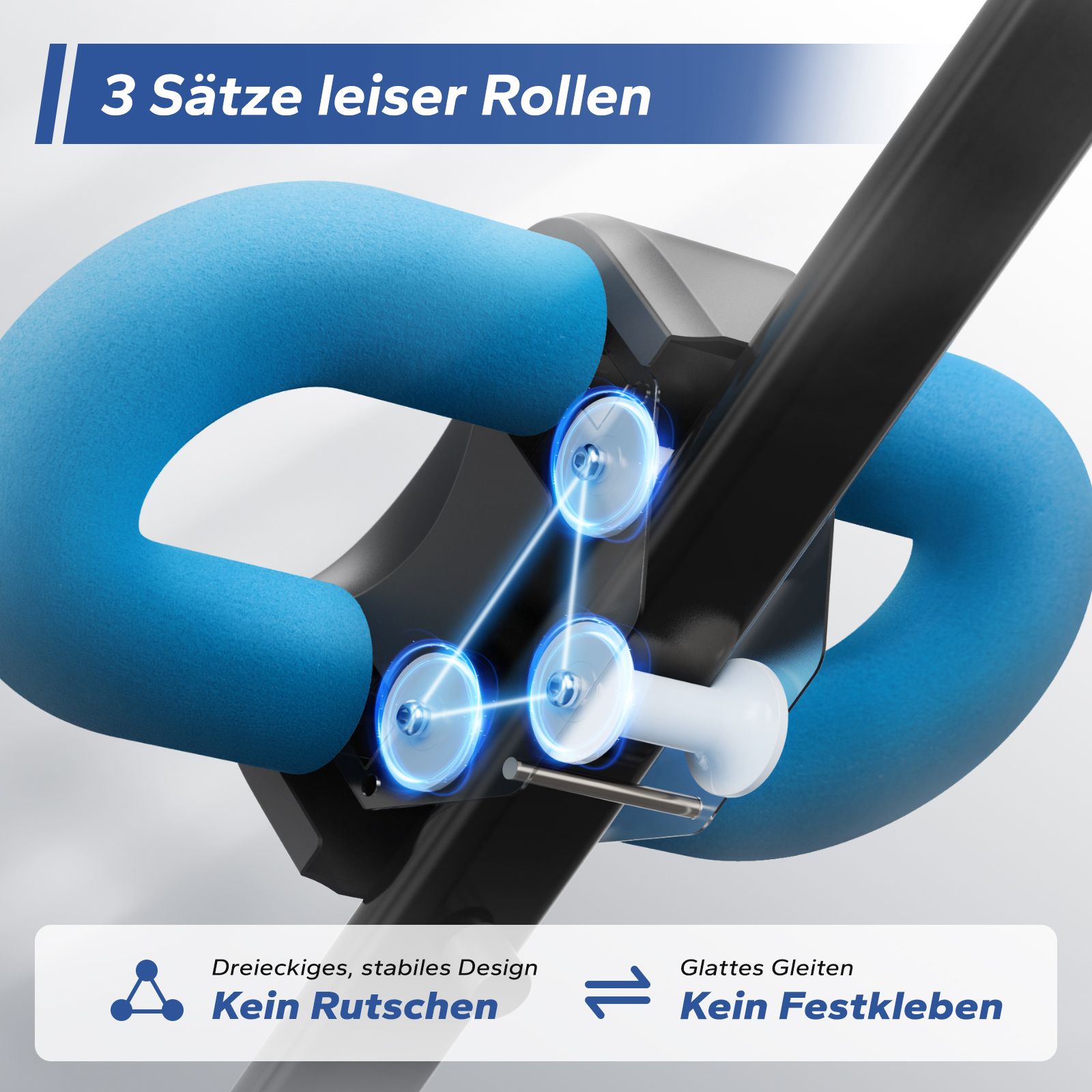 Drei blaue Rollen mit silbernen Achsen, verbunden durch Lichtlinien.