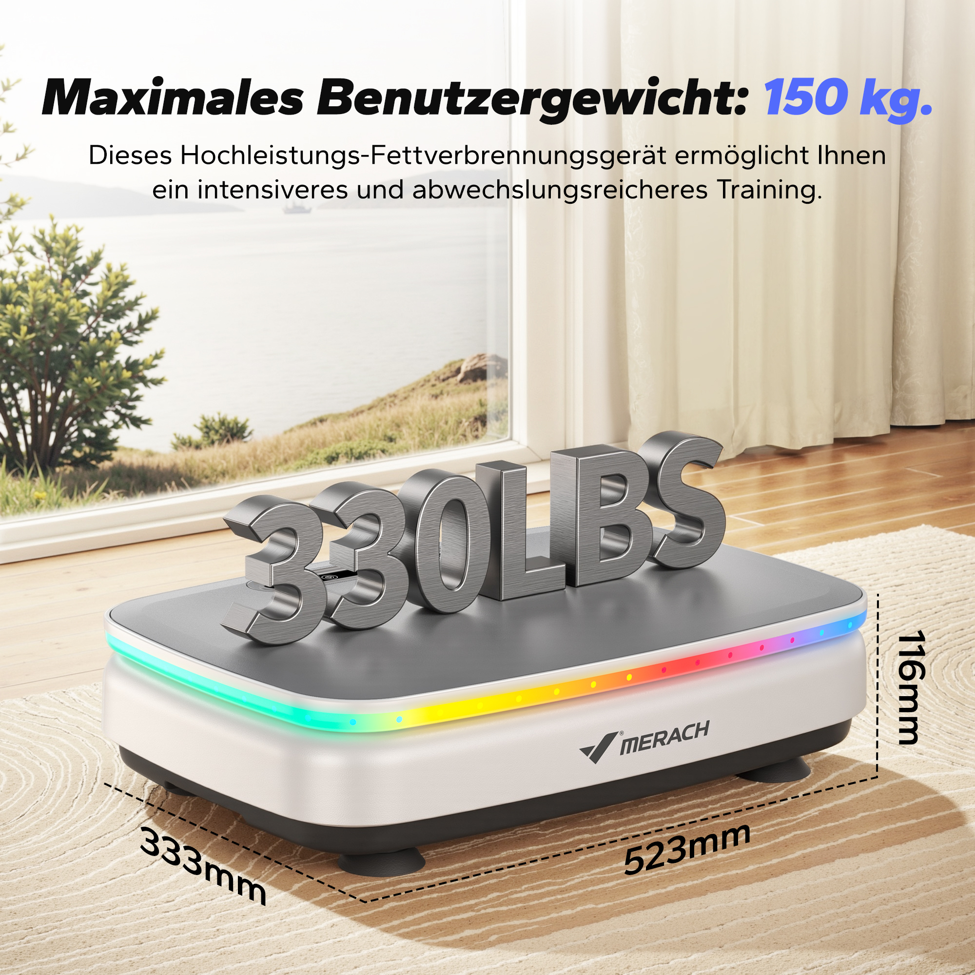 Ein Vibrationsgerät mit RGB-Beleuchtung, 330 LBS-Gewichtsangabe und Maßen.