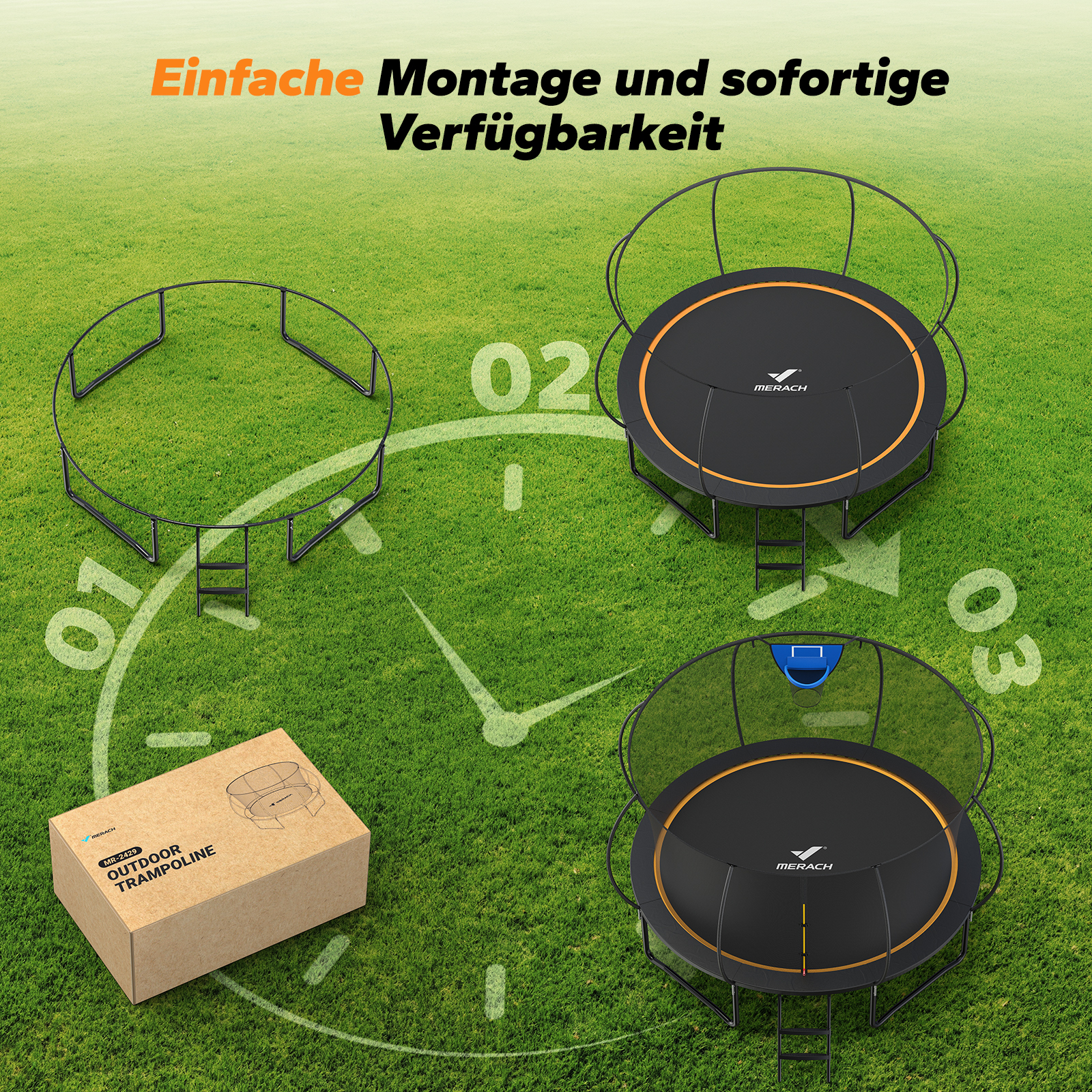 Trampolin-Aufbau: Einzelteile, montiertes Trampolin und verpacktes Trampolin auf Gras.