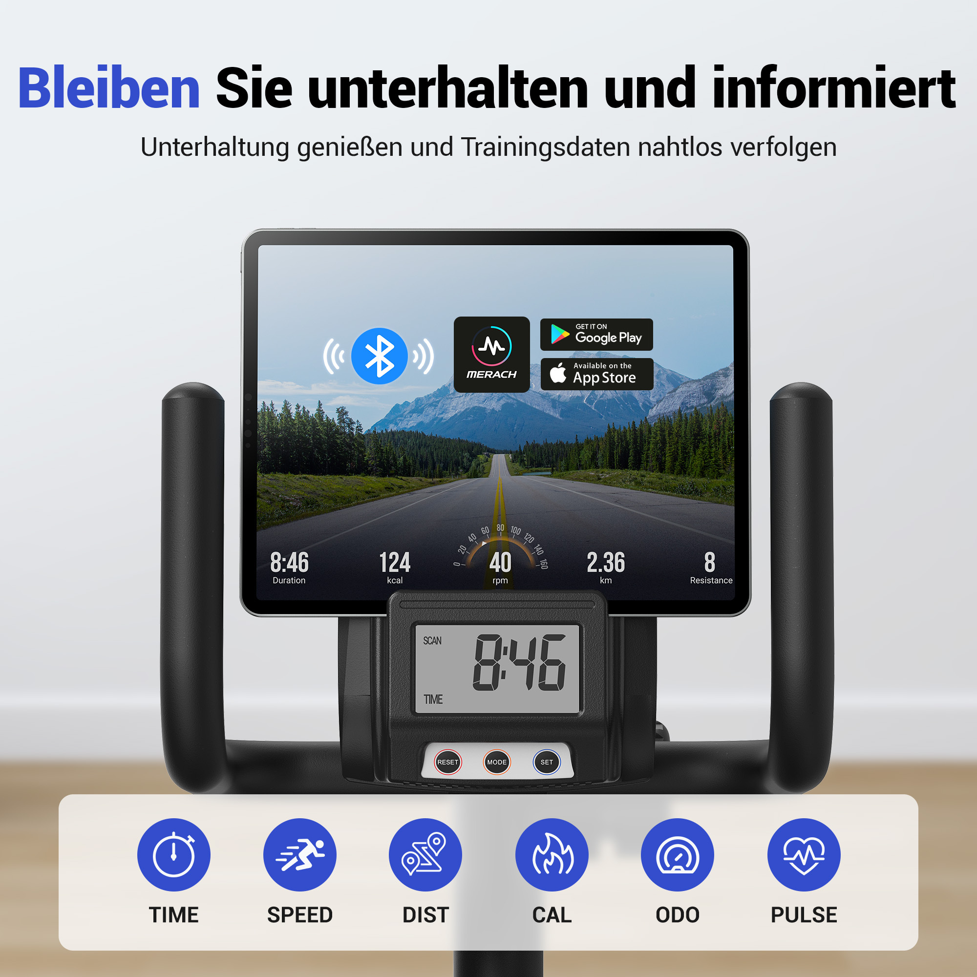 Ein Fahrradtrainer mit Tablet, das eine Straße zeigt. Unten sind Trainingsdaten.