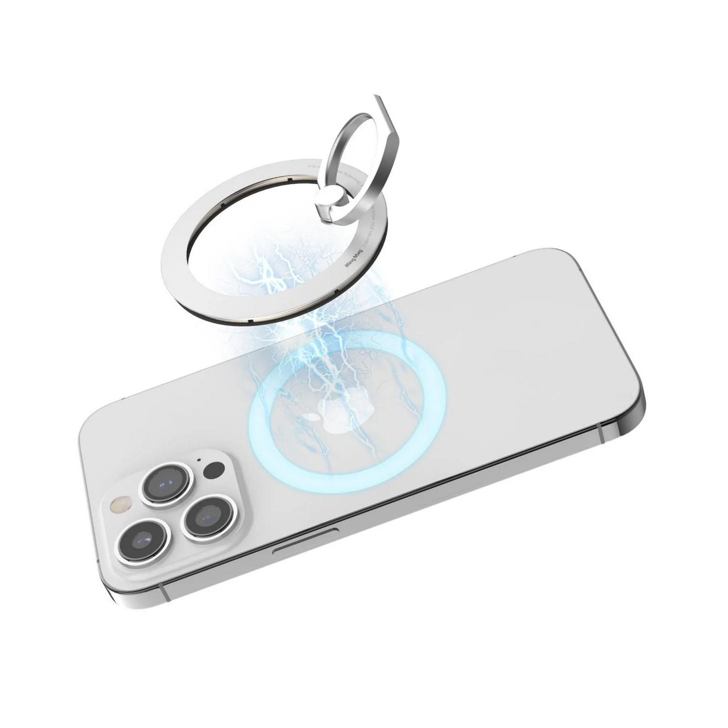 Silberner Ringhalter magnetisch an einem weißen iPhone mit blauem Leuchten befestigt.