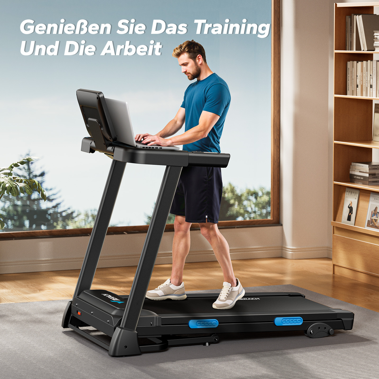 Ein Mann trainiert auf einem Laufband und benutzt dabei einen Laptop.