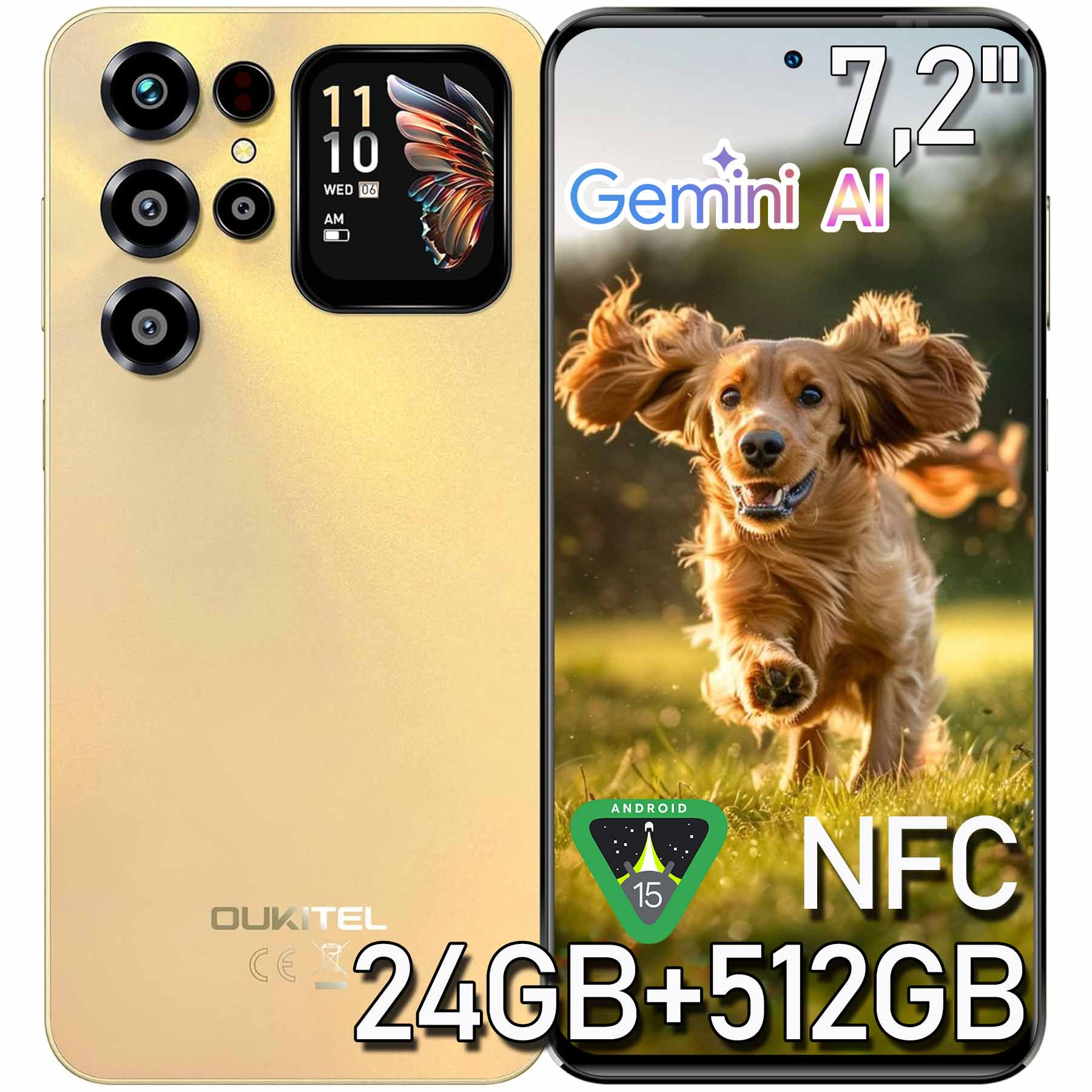 Smartphone dorato con cane su schermo. 7,2 pollici, 24GB+512GB.