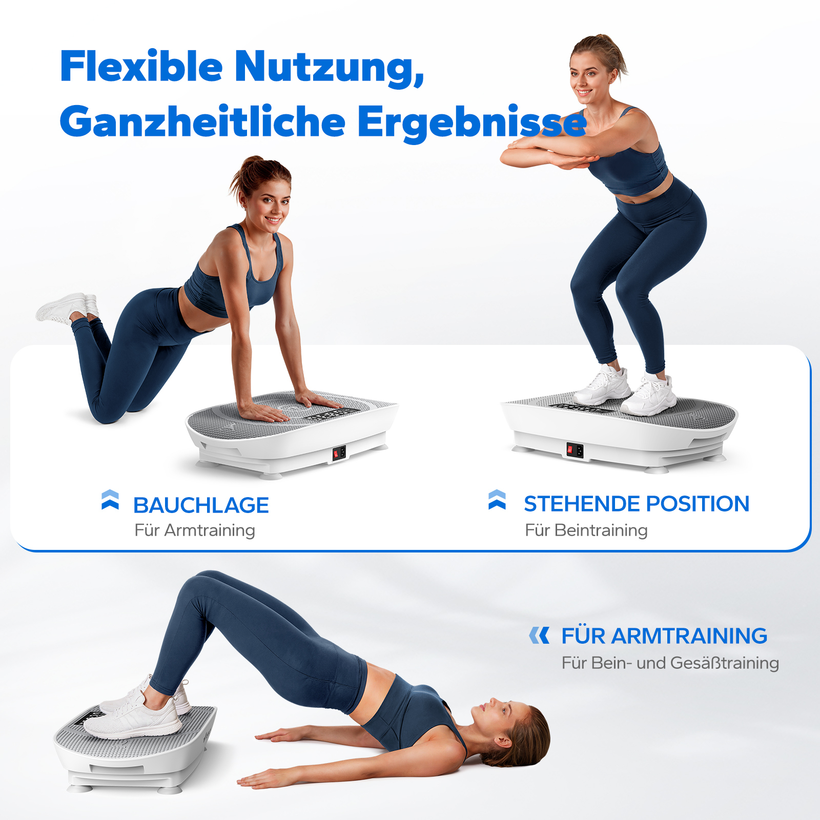 Drei Frauen trainieren auf Vibrationsplatten in verschiedenen Positionen.