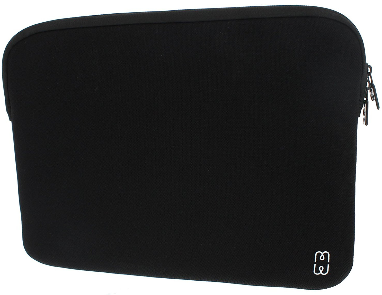 Schwarze Laptoptasche mit Reißverschluss und einem stilisierten Logo.