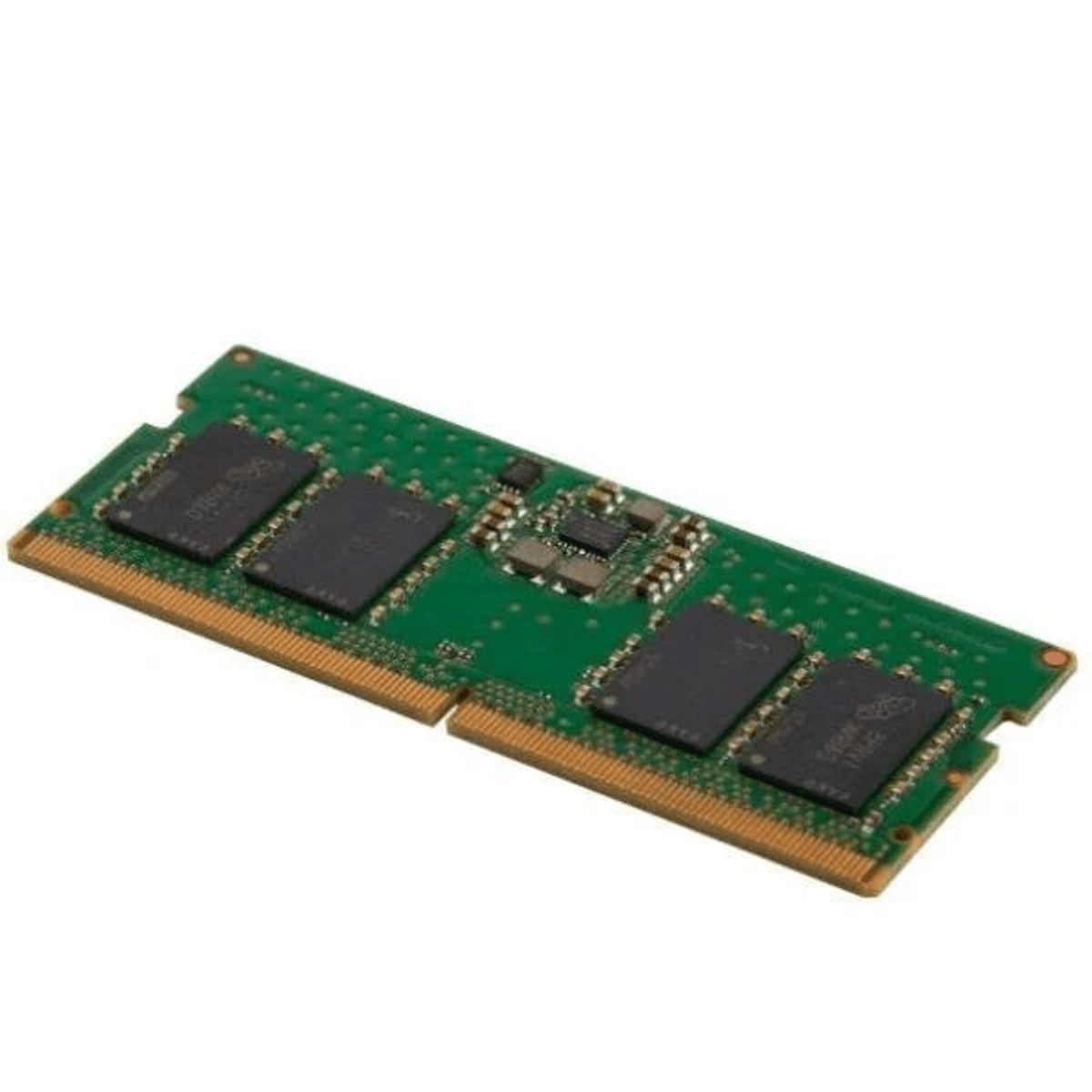 Eine grüne Platine mit schwarzen Chips und goldenen Anschlüssen, wahrscheinlich ein RAM-Modul.