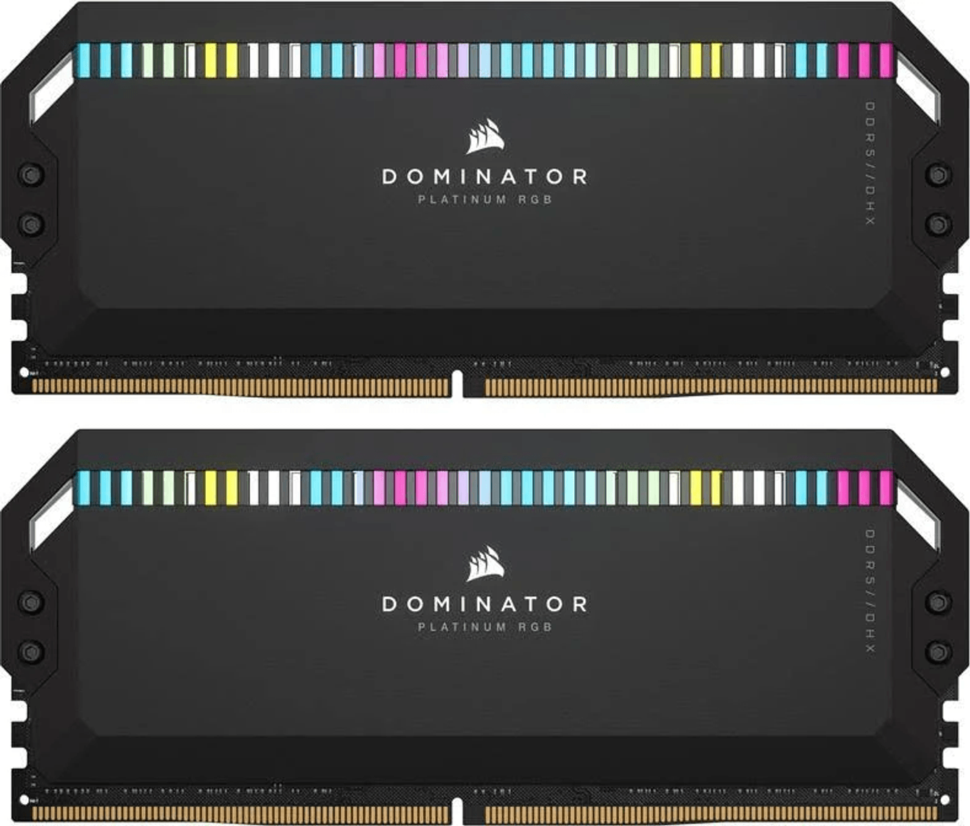 Dos memorias RAM Dominator Platinum RGB negras con iluminación LED colorida.