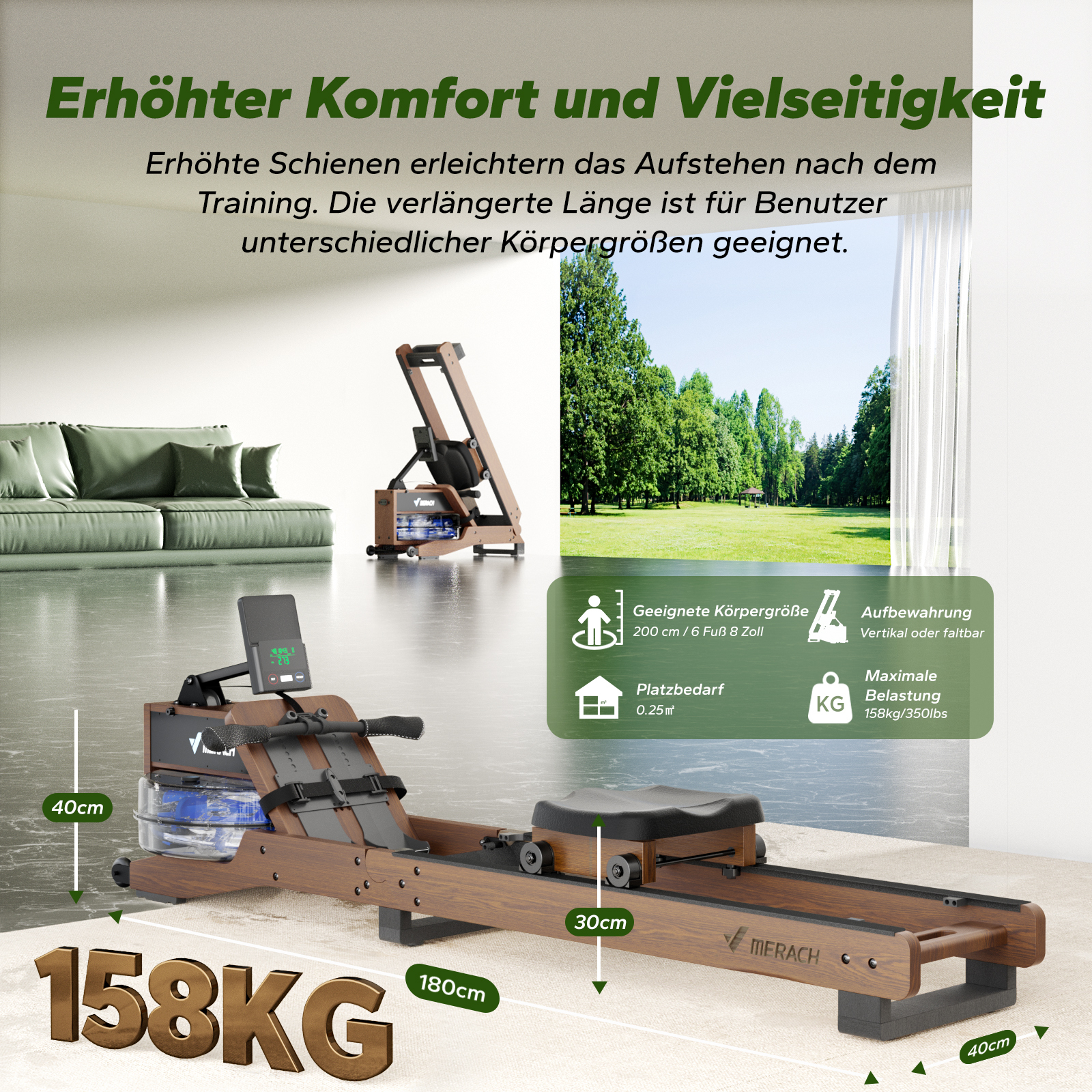 Ein braunes Rudergerät mit digitaler Anzeige steht in einem modernen Wohnzimmer.