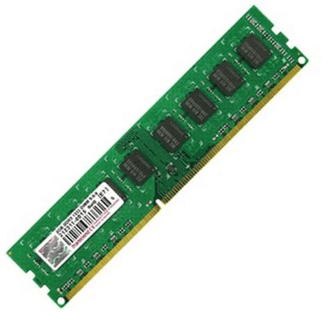 Un modulo RAM verde con chip neri e un connettore dorato
