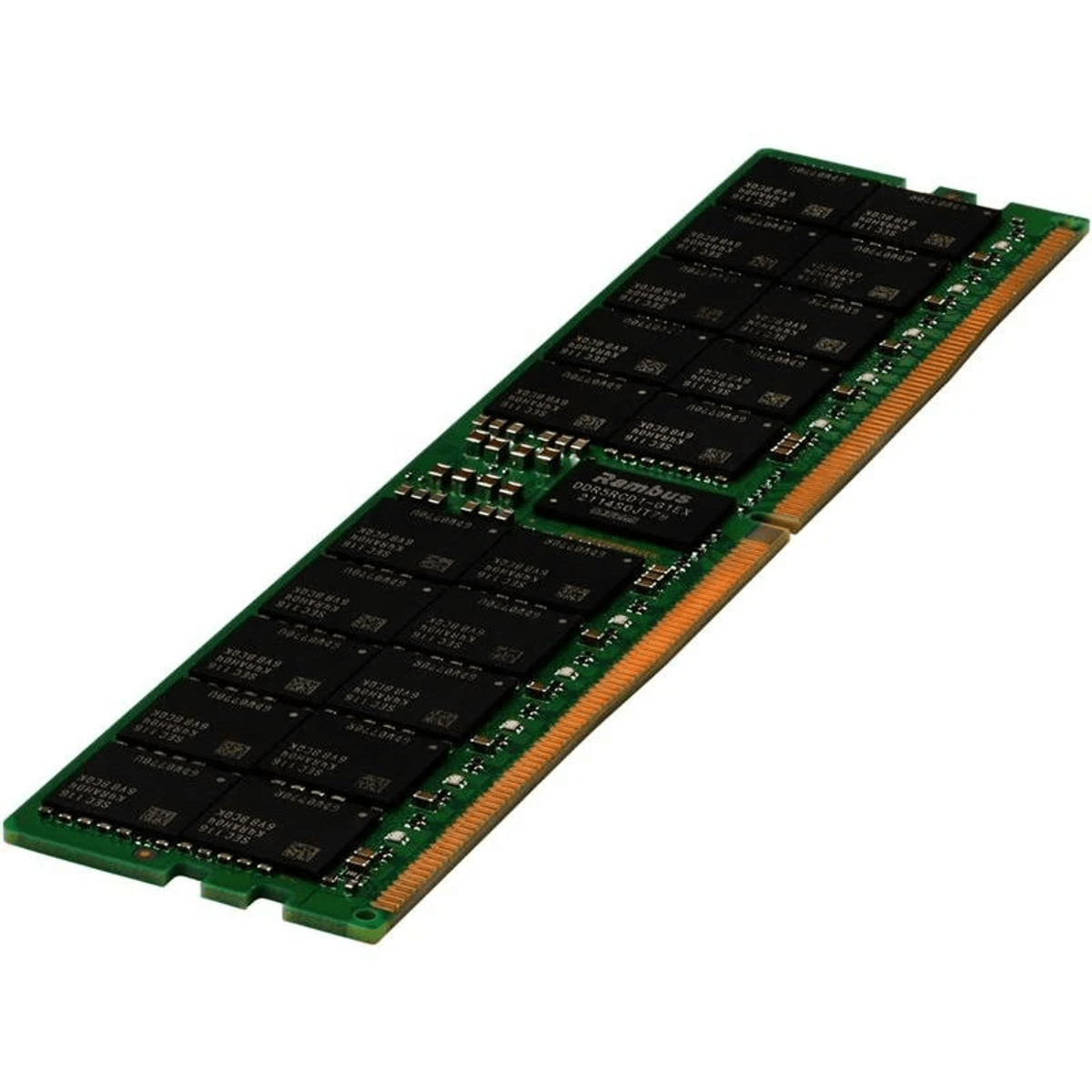 Un modulo RAM verde con chip neri e contatti dorati su sfondo bianco.