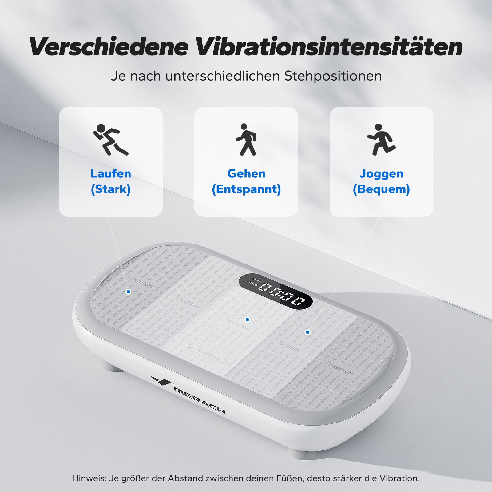 Vibrationsplatte mit Icons für Laufen, Gehen, Joggen und einem Display.