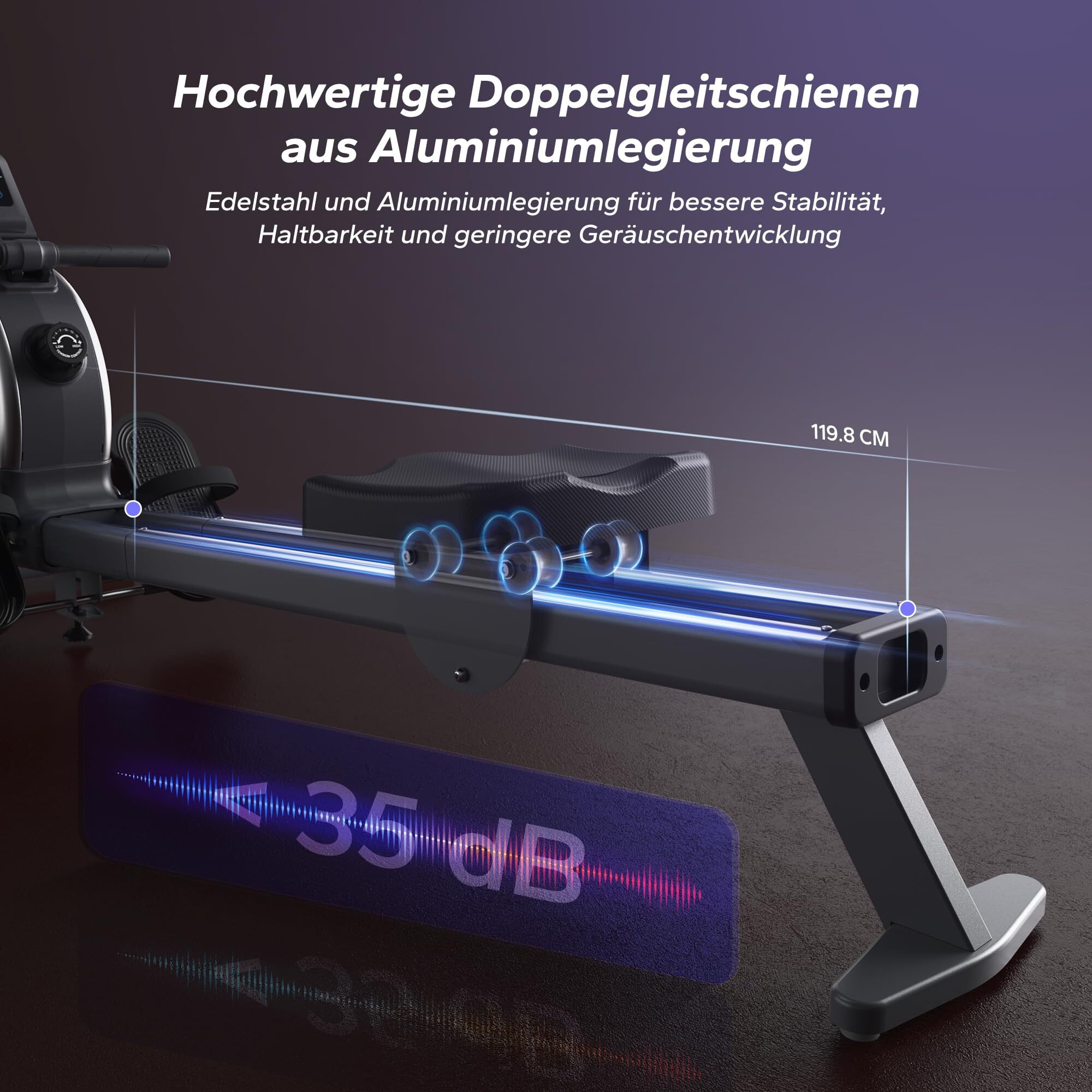 Rudergerät mit Aluminiumschienen, 119,8 cm lang, 35 dB leise.