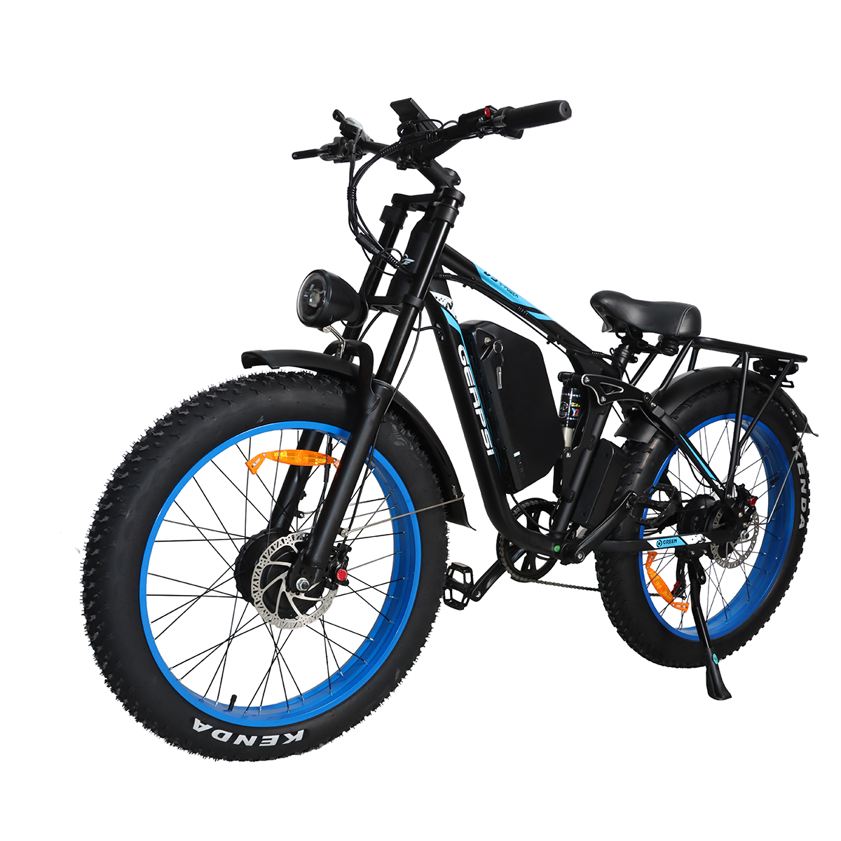 Czarny rower elektryczny typu fat bike z niebieskimi obręczami i białym logo Kenda.