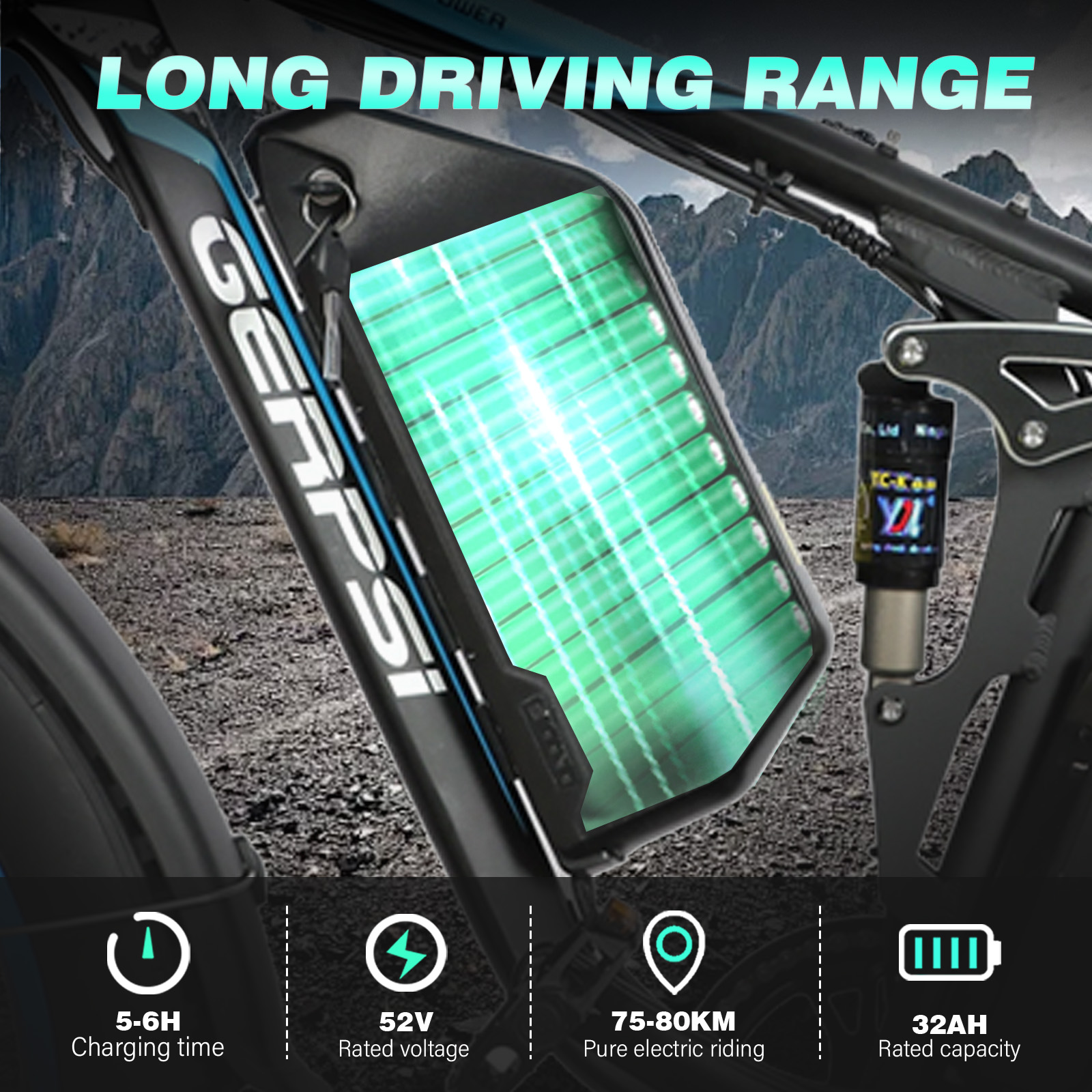 Bateria roweru elektrycznego z wieloma zielonymi ogniwami, napis LONG DRIVING RANGE.